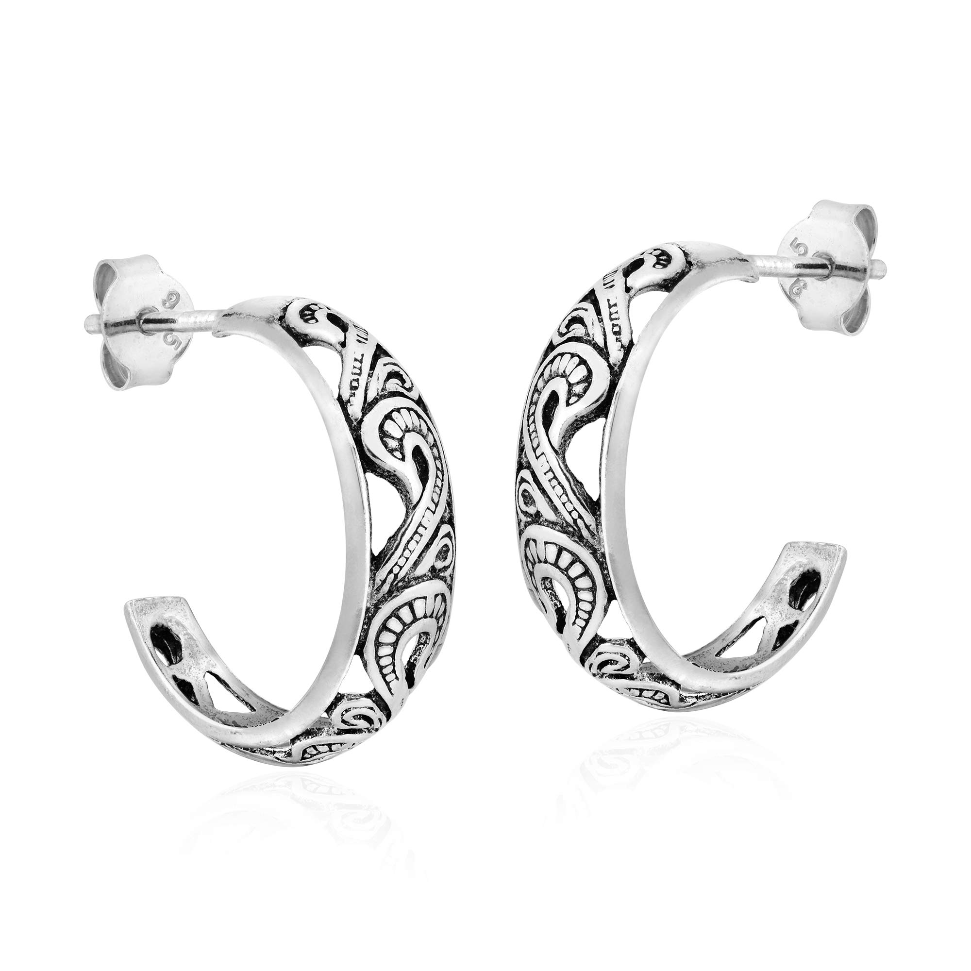 AeraVida .925 Sterling Silver Half Hoop Stud Earrings with Enchanting Swirls - Crescent Moon Design for Women | Elegant Hoop Earrings for Everyday Wear, Date Night & Special Occasions