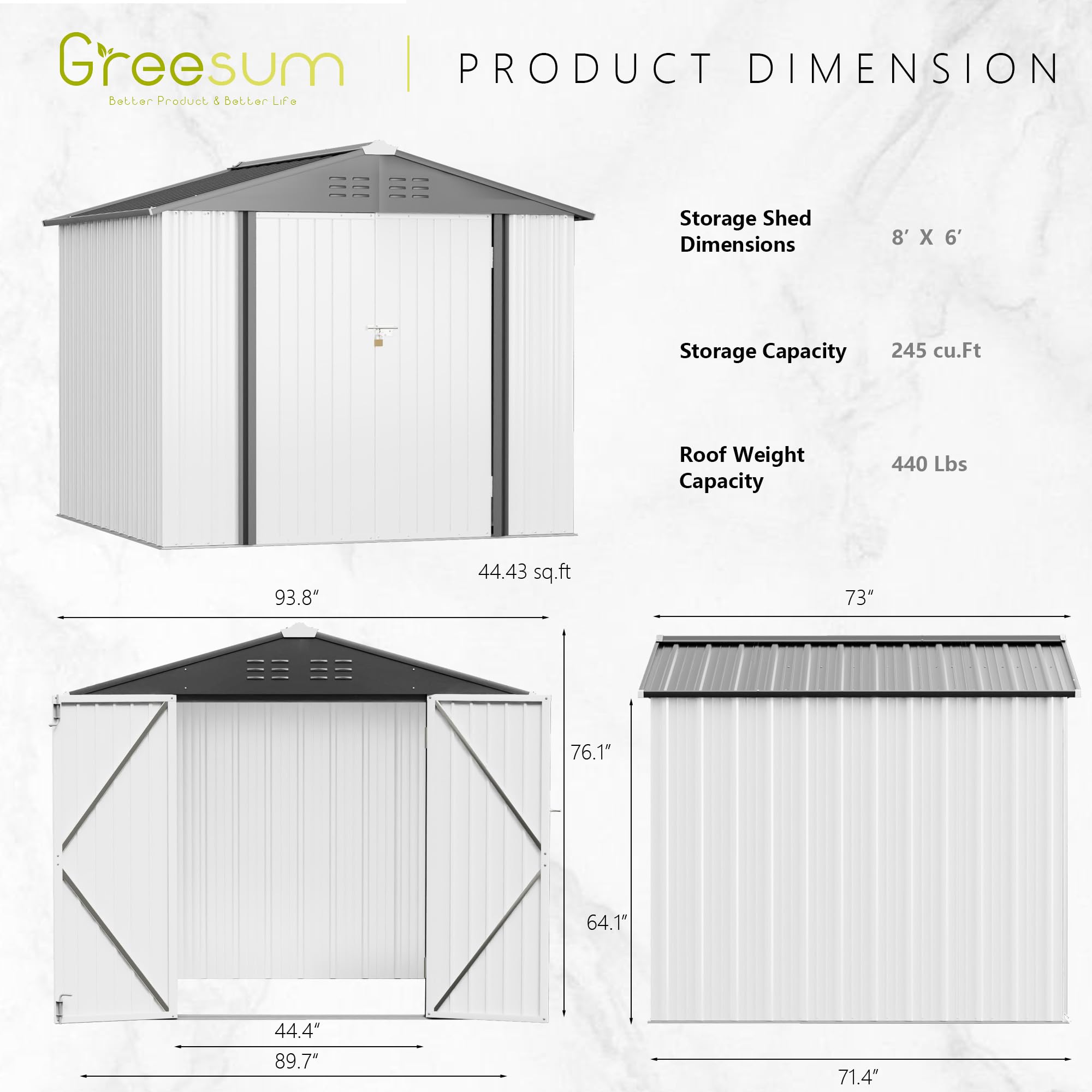 Greesum 8FT x 6FT Metal Outdoor Storage Shed - Heavy Duty Steel Utility Tool Shed with Secure Door Lock - Weather Resistant Garden Shed for Backyard, Patio, Lawn Equipment Storage (White) - Perfect for Storing Lawn Mowers, Gardening Tools & Outdoor Furniture