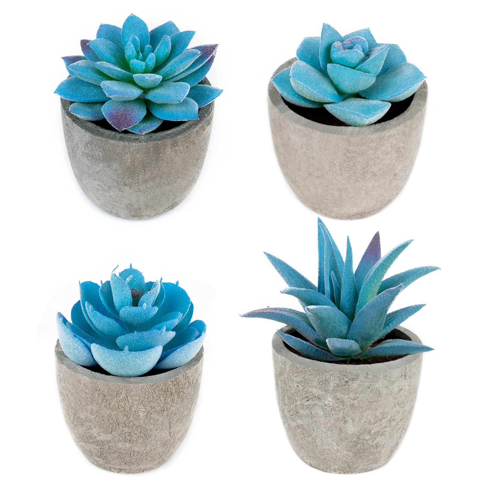 Set of 4 Blue Artificial Succulents Plants - Fake Succulents for Home Office Decor, Table Centerpiece, Bedroom, Kitchen, Dorm Desk & Bathroom Shelf Decoration - Low Maintenance Indoor Plants for Modern Spaces