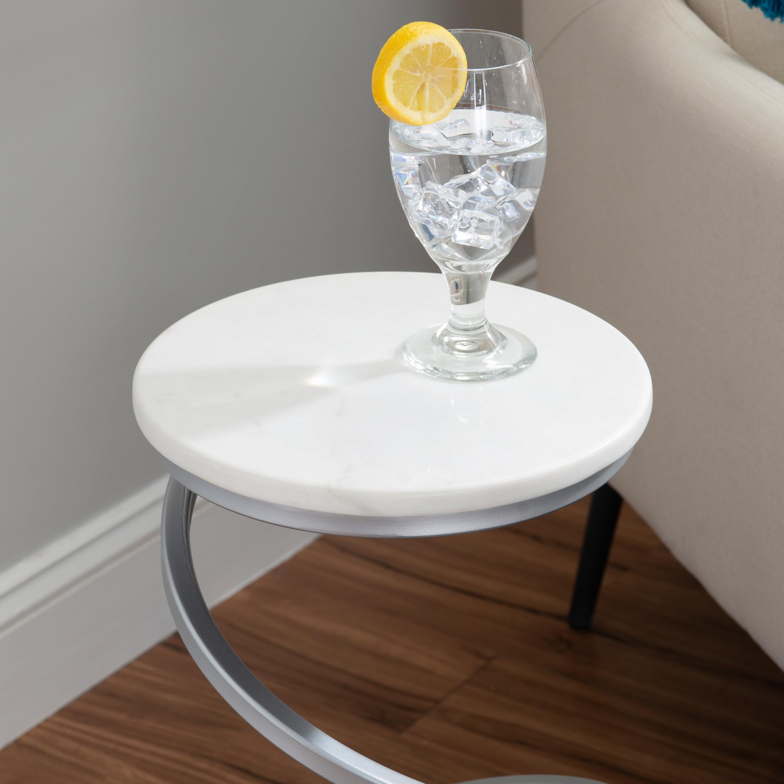 Powell Nora Table - Silver Spiral Metal Base with White Marble Top - Modern Drink Table for Living Room, Bedroom, or Office