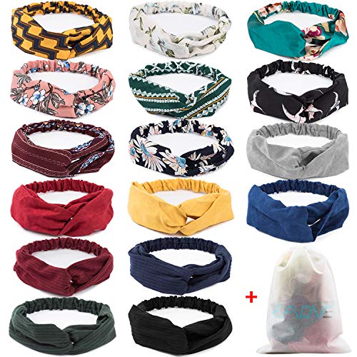 16 Pcs Boho Headbands for Women - Floral Bandeau, Retro Elastic Hair Bands, Criss Cross Twisted Head Wraps - Perfect Gift for Women & Mom on Christmas, Birthday, Wedding, Yoga, Beach & Everyday Style