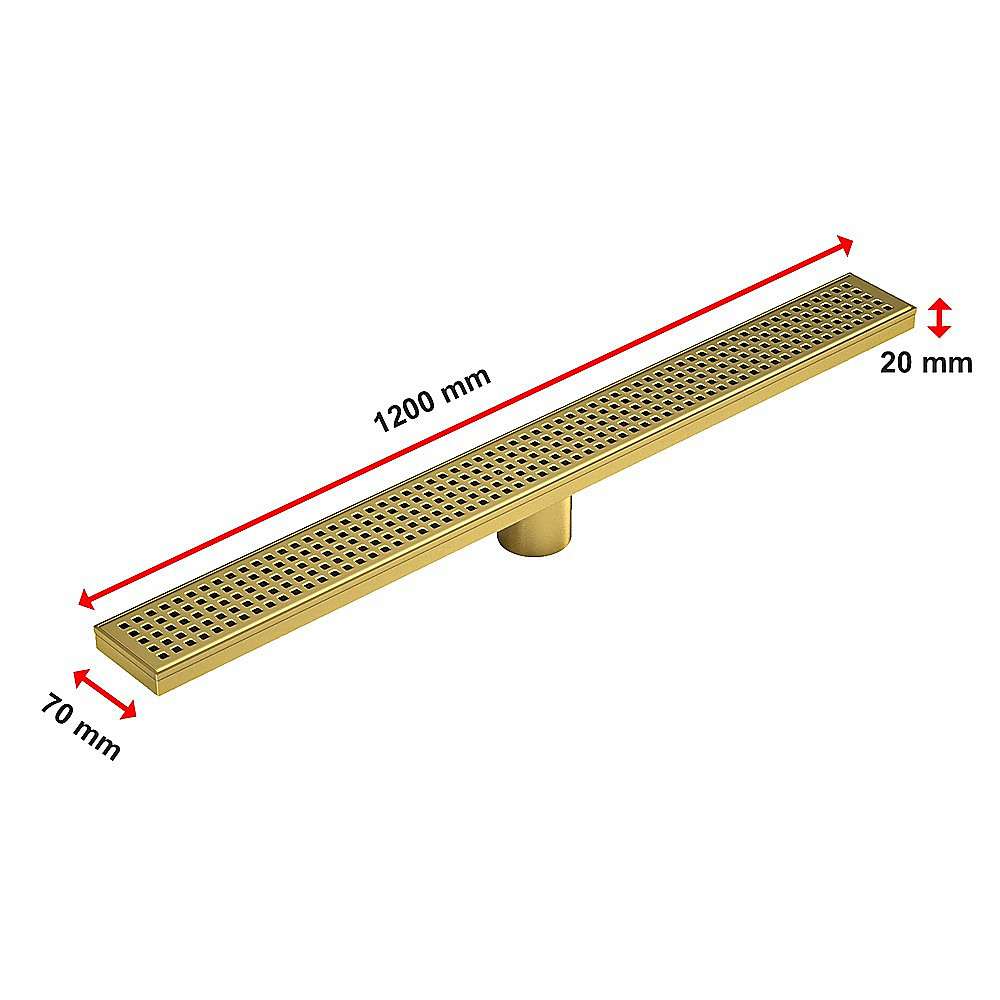 1200mm Brushed Brass Shower Drain Grate with Center Outlet - Square Pattern Floor Waste for Bathroom & Wet Room - Durable & Stylish Drainage Solution for Showers, Baths, and Wet Areas