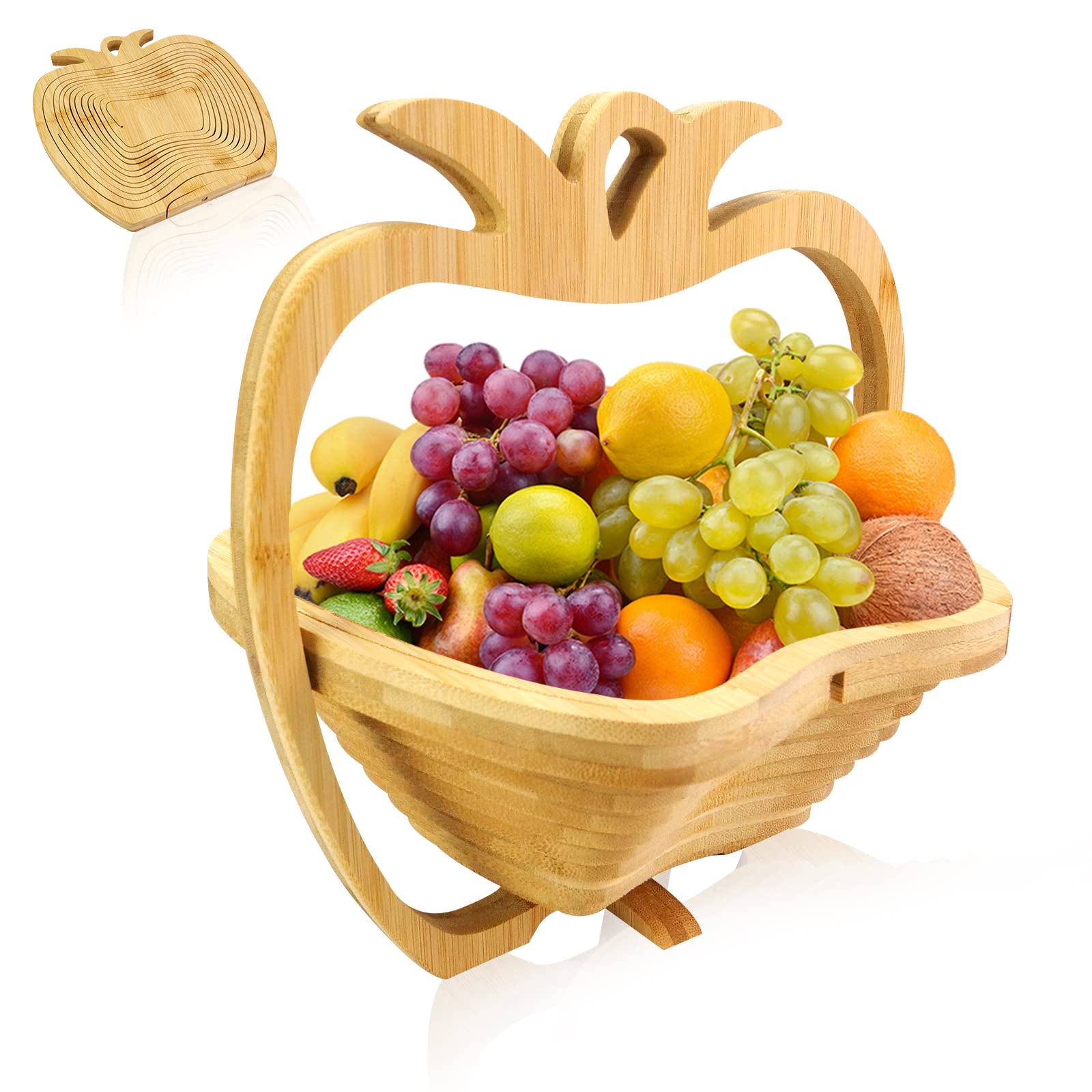 MYOSOTIS Foldable Bamboo Fruit Basket - Reusable Veggie Basket & Dried Fruit Bowl Holder - Perfect for Kitchen Storage, Holiday Decorations, Christmas Party & Mom Gifts (Apple Design)