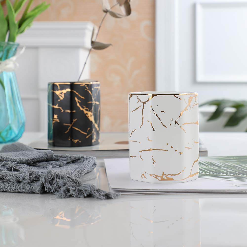 Golden Pattern Ceramic Pen Holder - Elegant Desk Organizer for Pencils, Pens & Office Supplies | Perfect for Home, Office & School Use (Black)