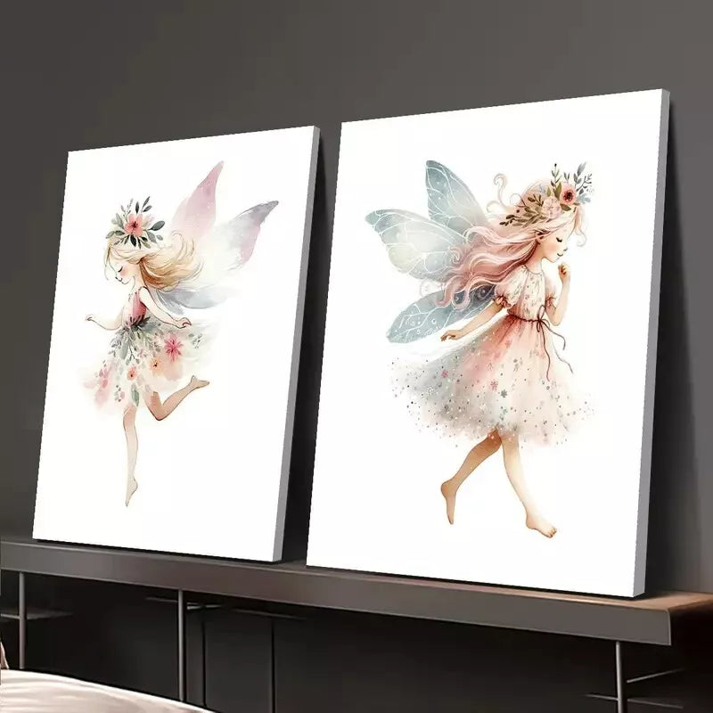 2pcs Whimsical Little Fairy Watercolor Canvas Art - 50x75cm Framed Wall Decor, High Quality Print, 100% Australian Made, Ready to Hang - Perfect for Nursery, Bedroom & Living Room Decor