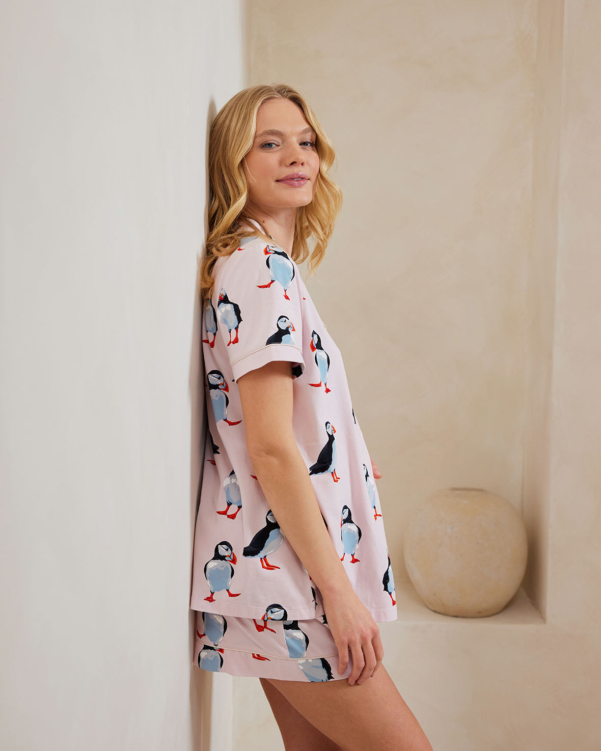 Organic Cotton Maternity Pajama Set with Cute Puffin Print - Soft & Comfortable Sleepwear for Pregnant Women - Perfect for Relaxing at Home or Hospital Stay