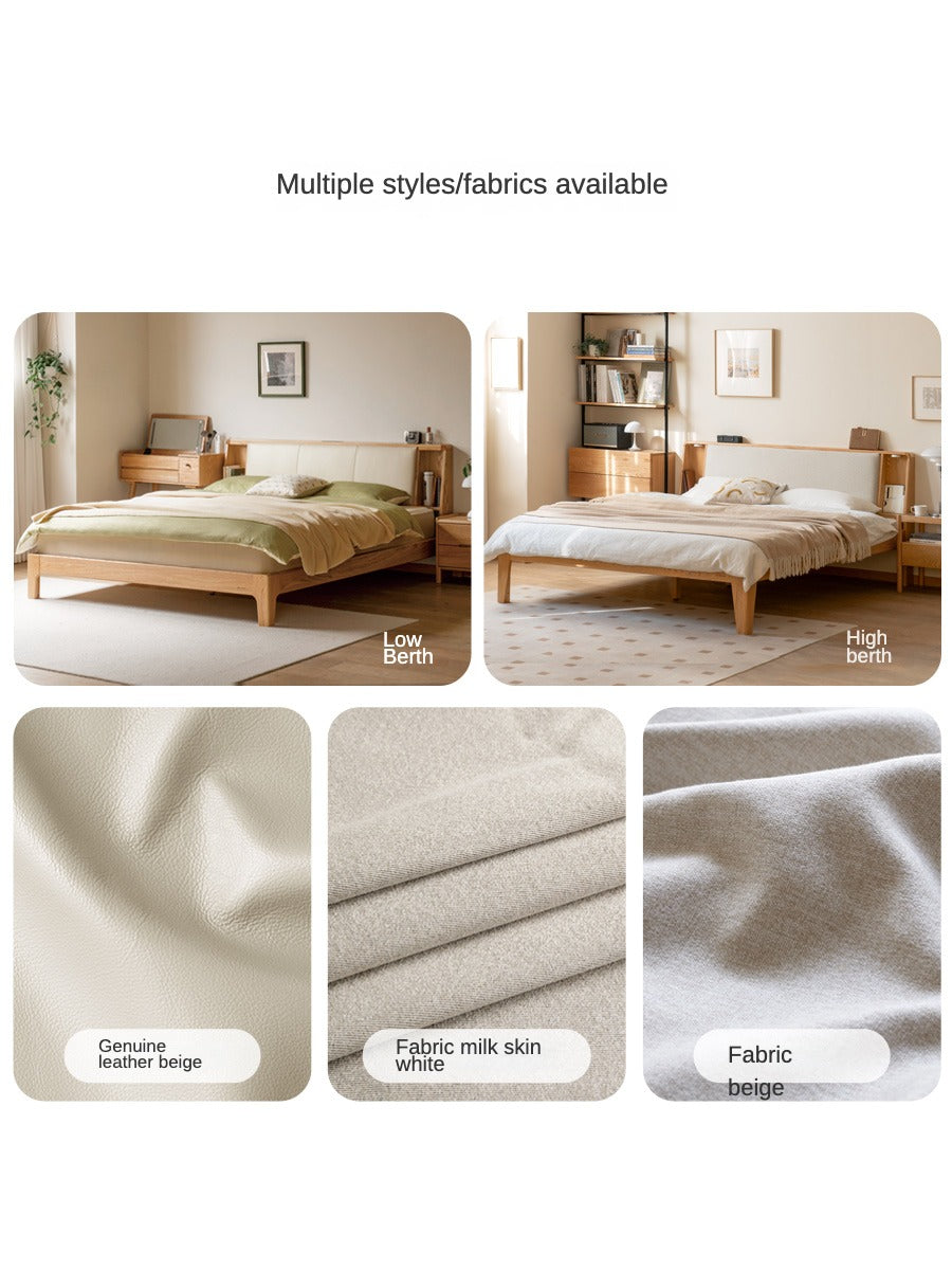 Solid Oak Wood Leather & Fabric Luminous Bed with Shelf - Modern Platform Bed Frame with Storage for Bedroom, Guest Room, or Dorm