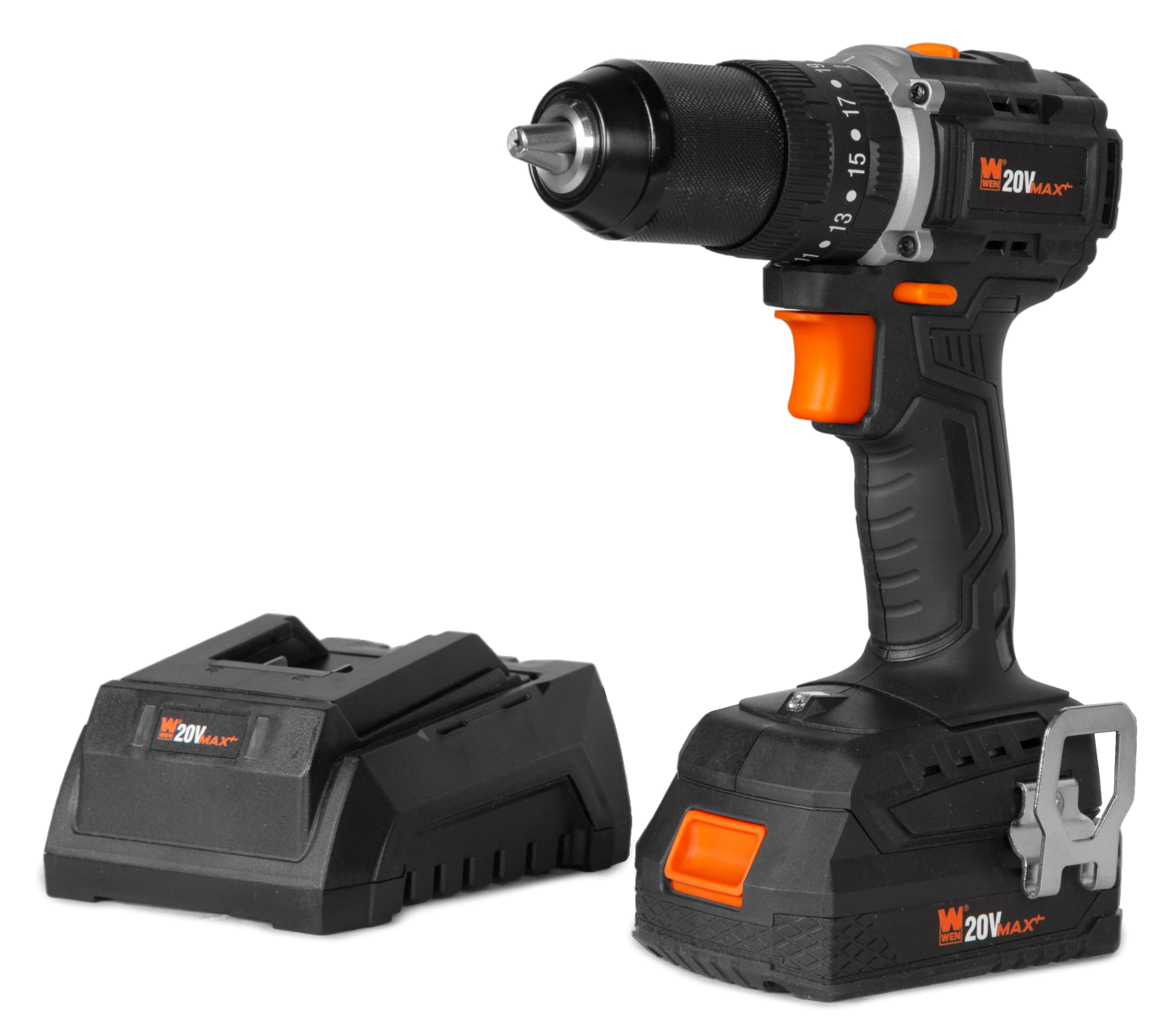 WEN 20V Max Cordless Hammer Drill and Driver Kit - Brushless Motor, 1/2-Inch Chuck, 2.0Ah Lithium-Ion Battery & Fast Charger Included (Model 20121) - Perfect for DIY Projects, Home Repairs, and Professional Construction Work