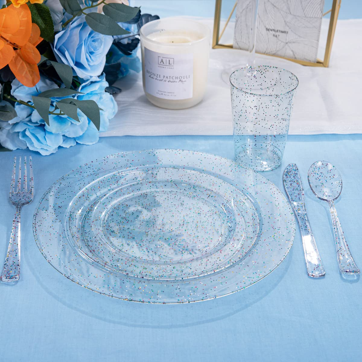 180-Piece Glitter Plastic Party Tableware Set - 30 Dinner Plates, 30 Dessert Plates, 90 Silverware & 30 Cups - Disposable Glitter Tableware for Birthday, Wedding, Baby Shower & Special Events