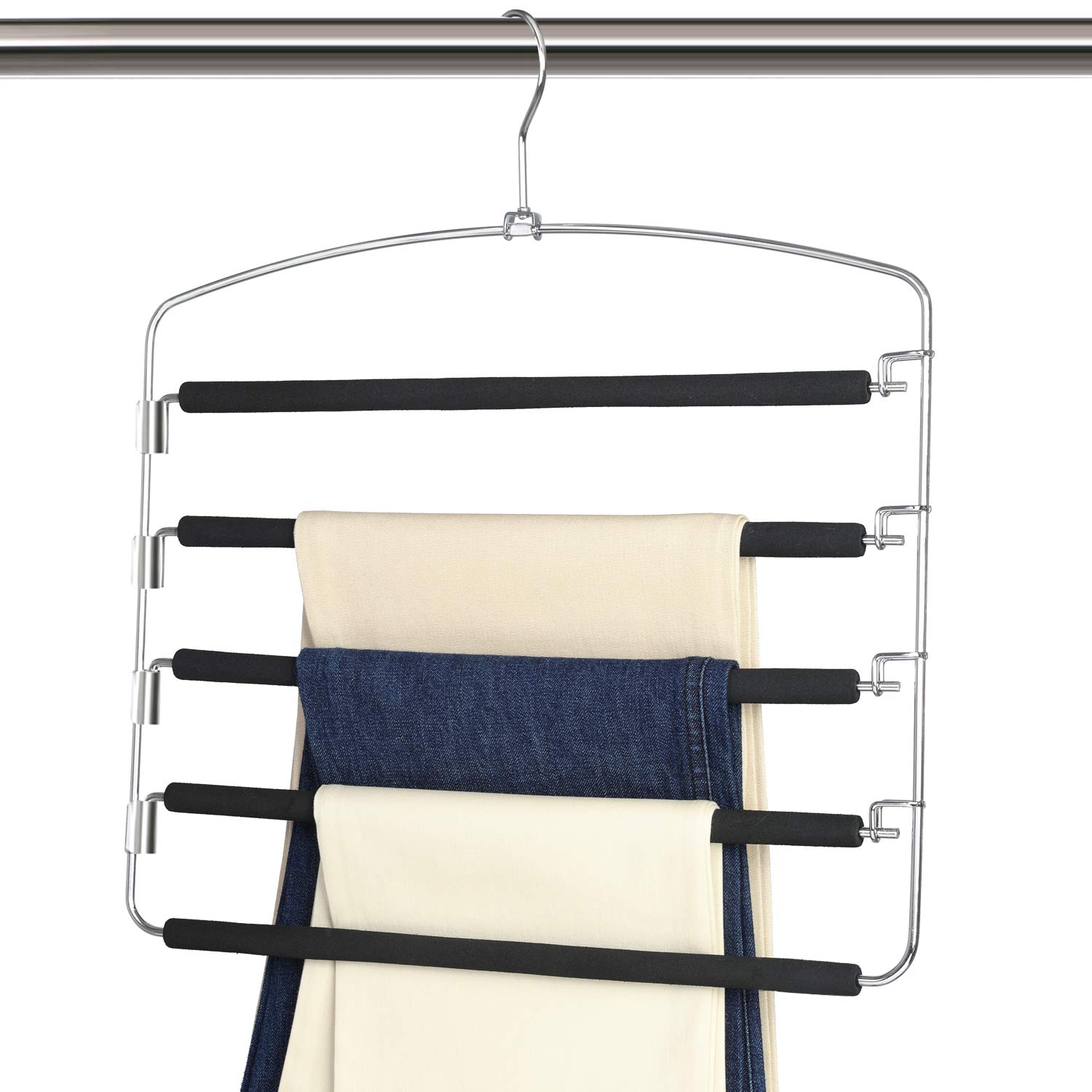 Space Saving 5-Tier Metal Pants Hangers with Non-Slip Foam Pads - Heavy Duty Closet Organizer for Jeans, Trousers, Skirts, Scarves & Ties - Perfect for Small Closets & Wardrobe Organization