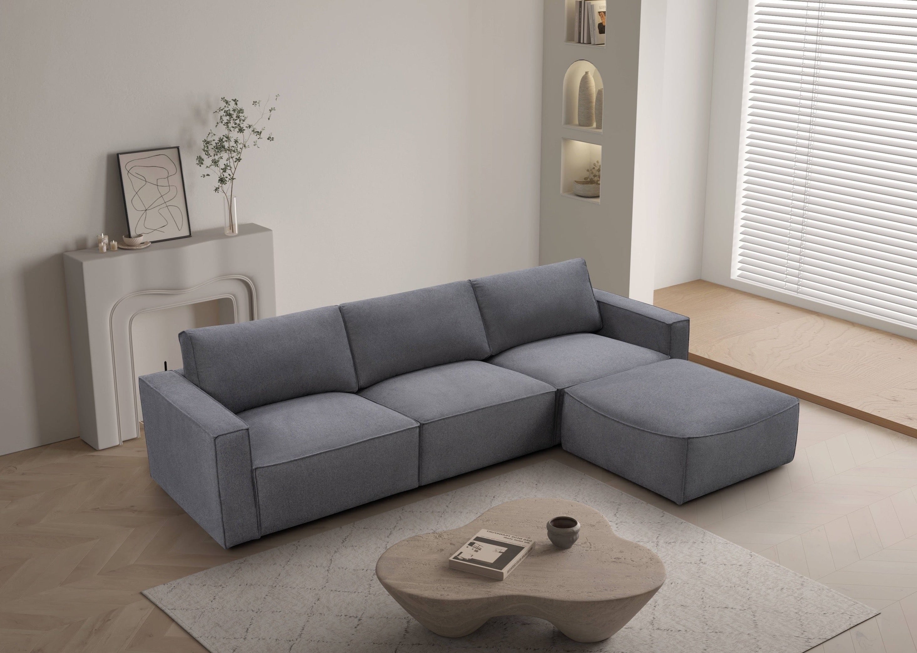 Premium Maui 3-Seater Sofa with Ottoman - Elk Hazy Brown Fabric - Perfect for Living Room, Lounge & Family Room Relaxation