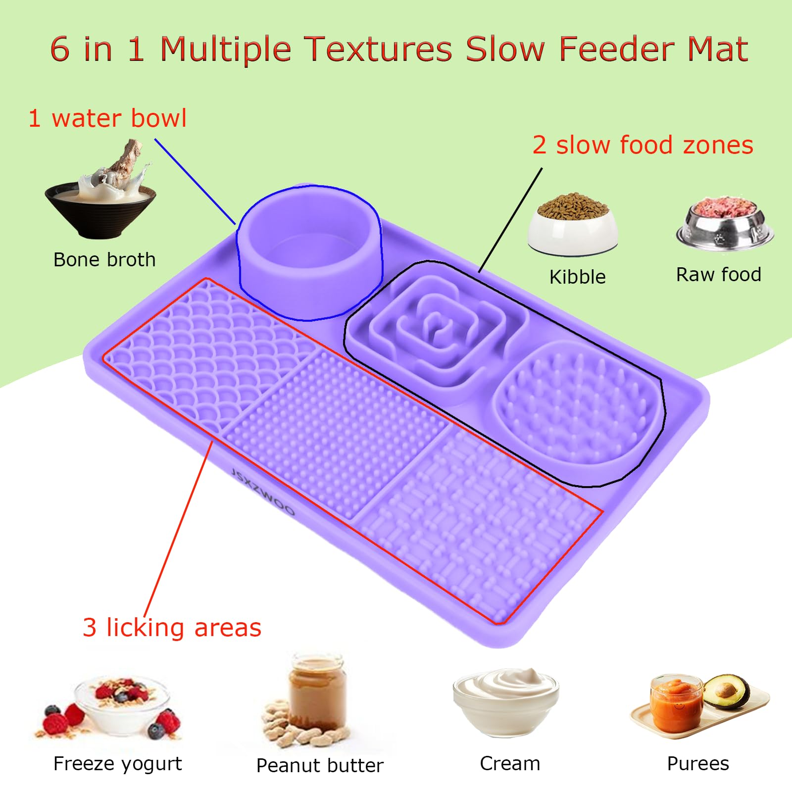 Premium Food-Grade Silicone Lick Mat for Dogs & Cats - Non-Slip Suction Cup Pet Anxiety Relief Pad with Peanut Butter - Includes 1 Spatula & 1 Brush (Purple) - Perfect for Slow Feeding, Grooming & Stress Relief