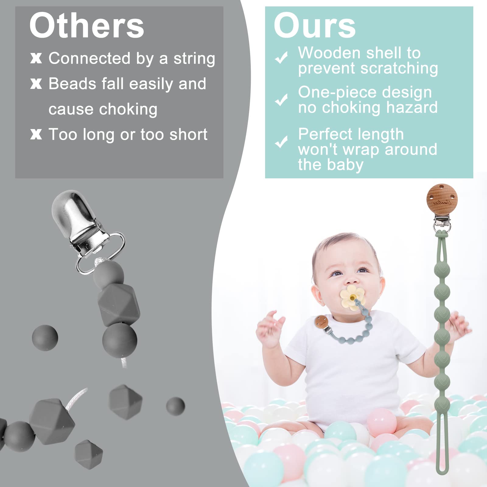 2 Pack Wooden Pacifier Clips for Baby Boys & Girls - One-Piece Binky Holder Clips with Natural Design - Perfect Baby Shower Gift & Birthday Present - Ideal for Strollers, Car Seats & Daily Use (Sage+Ether)