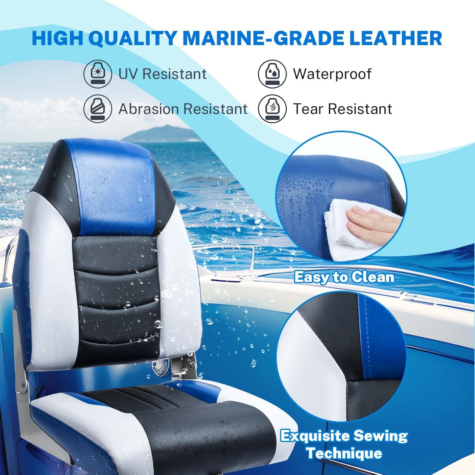 Premium 2-Pack Dreizack Folding High Back Fishing Boat Seats - Waterproof Pontoon & Bass Tracker Chairs with Stainless Steel Hardware, Aluminum Hinges & Thickened Cushion - Perfect for Fishing, Boating & Marine Adventures