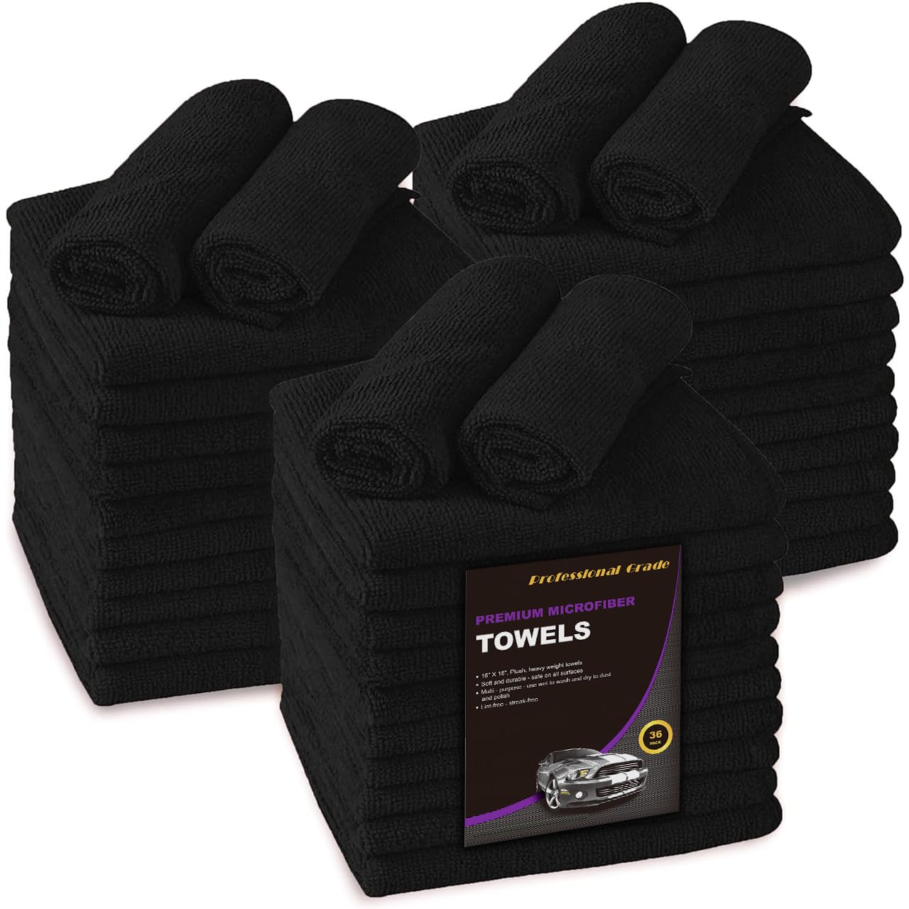 Premium Blue Horizon Microfiber Cleaning Cloths - 36 Pack Ultra Soft Reusable Wash Towels for Car Detailing, Household & Commercial Use | 16x16 Inch Plush Cleaning Rags for Dusting, Polishing & Stain Removal (Black)