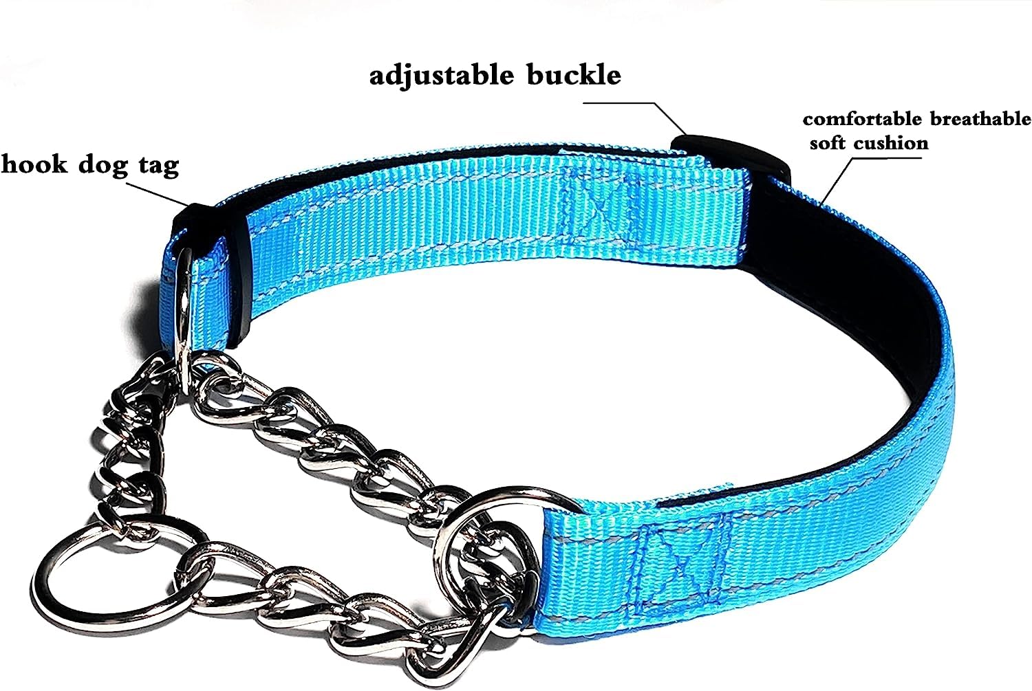 Reflective Adjustable Martingale Dog Collar for Large Breeds - No Pull Training Collar with Stainless Steel Chain for Medium to XL Dogs (Black) - Perfect for Night Walks, Obedience Training & Secure Outdoor Adventures
