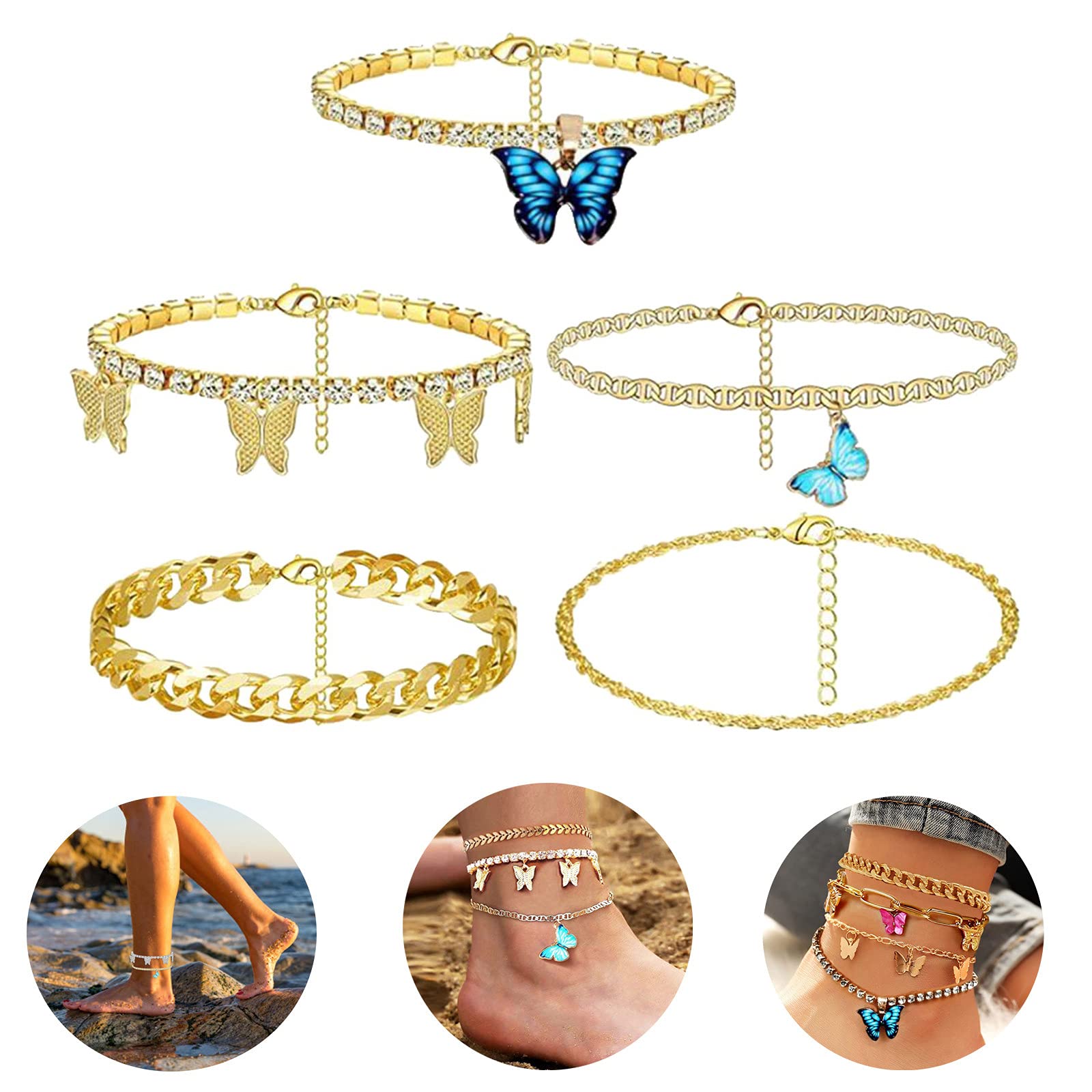 Shiusina 5-Piece Evil Eye Anklet & Bracelet Set for Women - Gold Boho Hoop Anklets & Bracelets, One Size - Perfect for Beach, Festival, and Summer Outfits