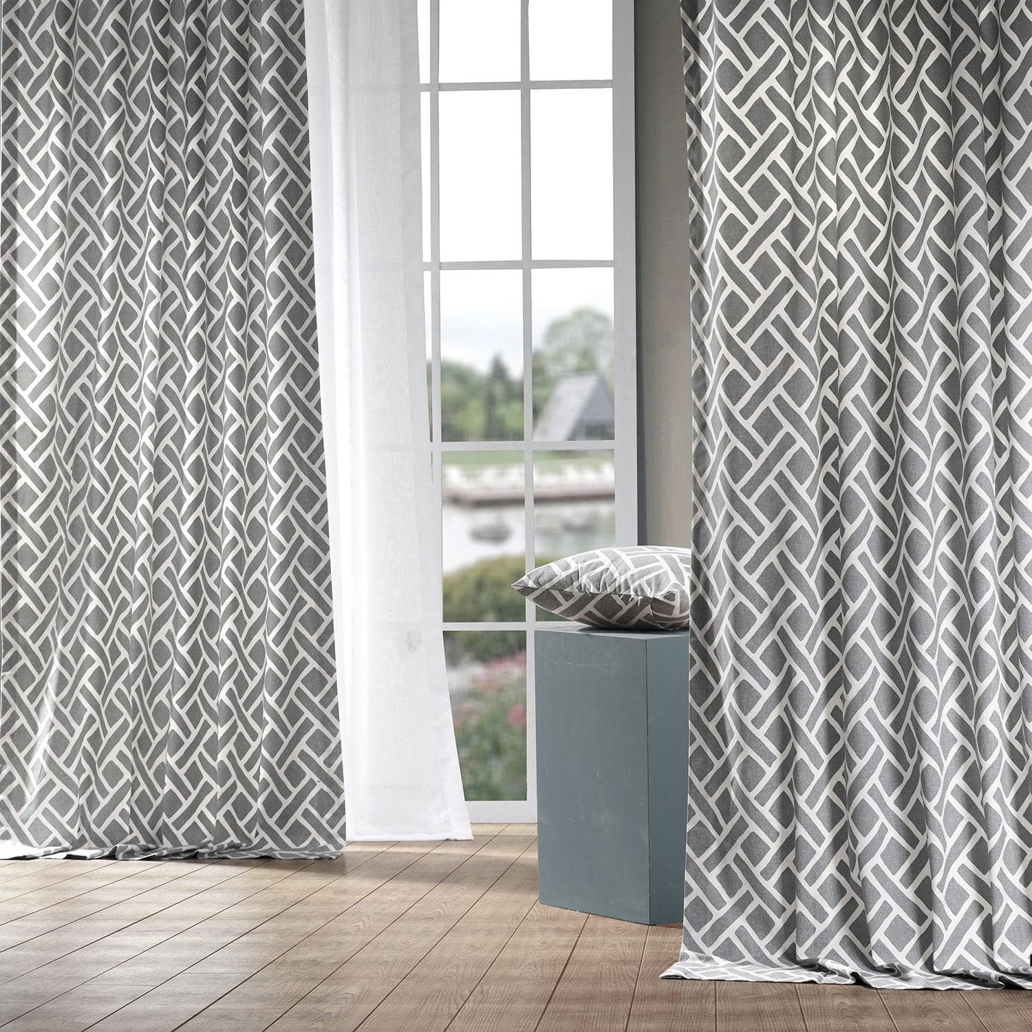 Martinique Grey Geometric Printed Cotton Custom Curtains - Modern Window Treatments for Living Room & Bedroom