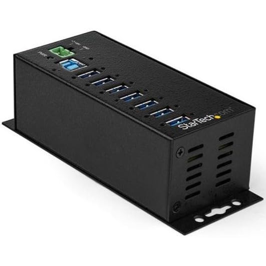 StarTech.com 7-Port USB 3.0 Hub with Power Adapter - High Speed 5Gbps USB Hub with Surge Protection - Industrial Metal Design for Office, Gaming & Home Use - Wall/Din/Desk Mountable (HB30A7AME)