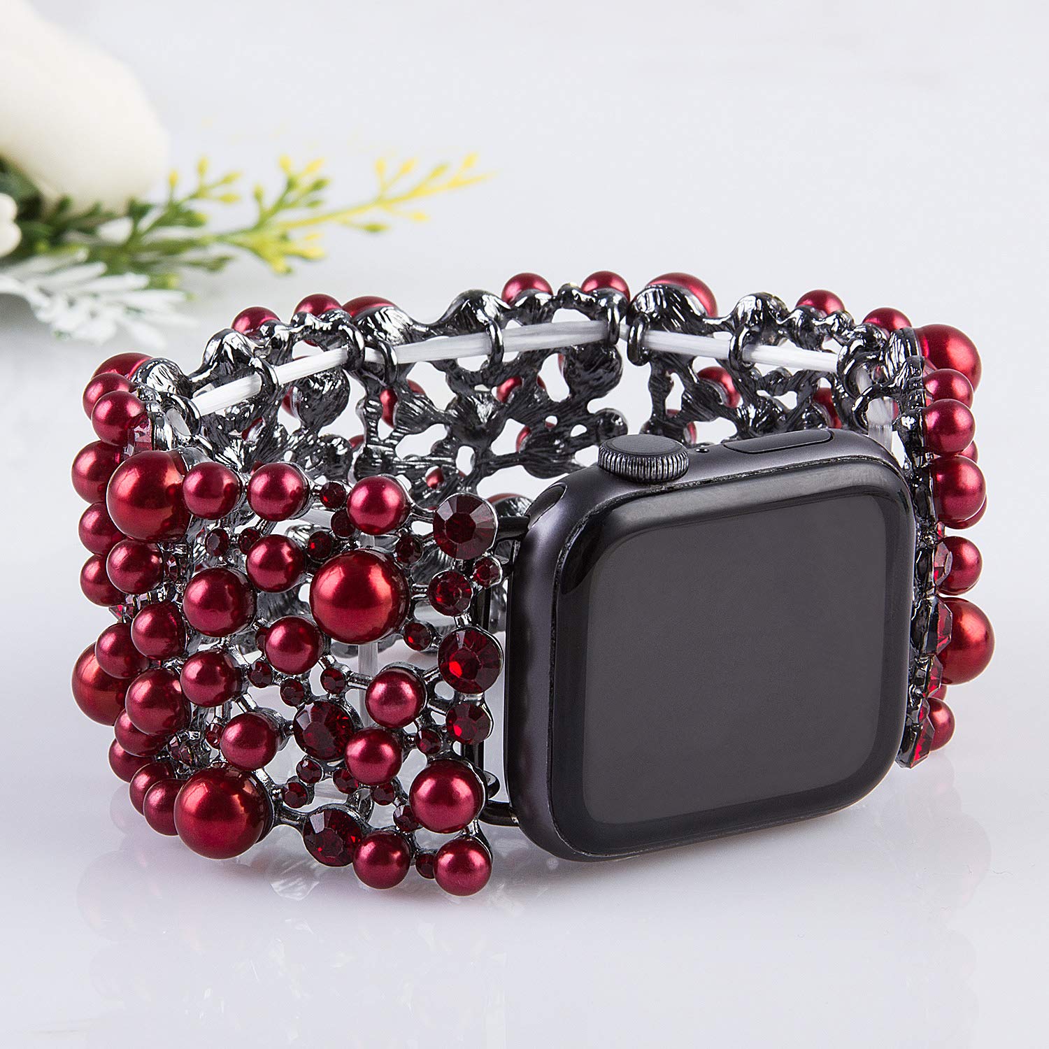 VIQIV Bling Bands Compatible with Apple Watch 38mm 40mm 41mm 42mm 44mm 45mm 49mm - Diamond Rhinestone Metal Pearl Bracelet Strap for Women - Perfect for Parties, Weddings, Work & Everyday Fashion Accessory