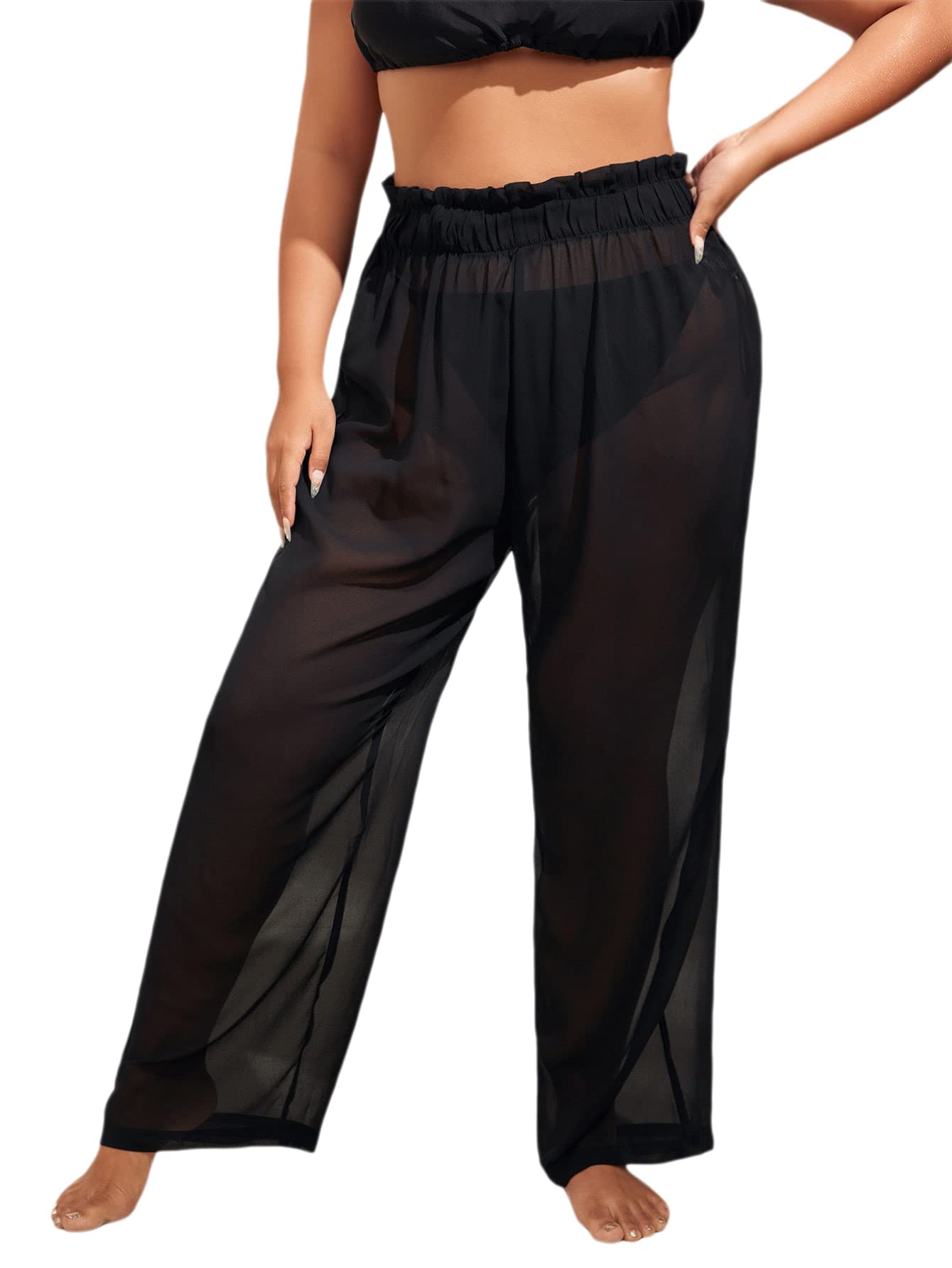 MakeMeChic Women's Sheer Mesh Bikini Cover Up - High Waisted Wide Leg Beach Pants for Swimwear, Poolside Lounging & Summer Vacation Outfits