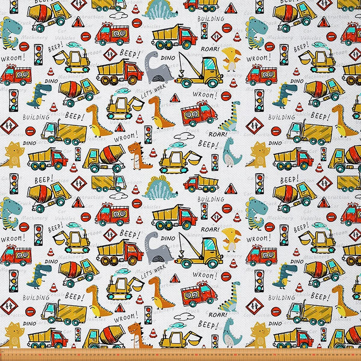 Durable Construction Trucks & Cute Dinosaur Cars Upholstery Fabric by The Yard - Cartoon Equipment Tractors & Excavator Decor Fabric for DIY Home Projects, Chairs & Furniture (10 Yards, Yellow Red) - Perfect for Kids' Room Decor, Playroom Curtains & Nursery Themes