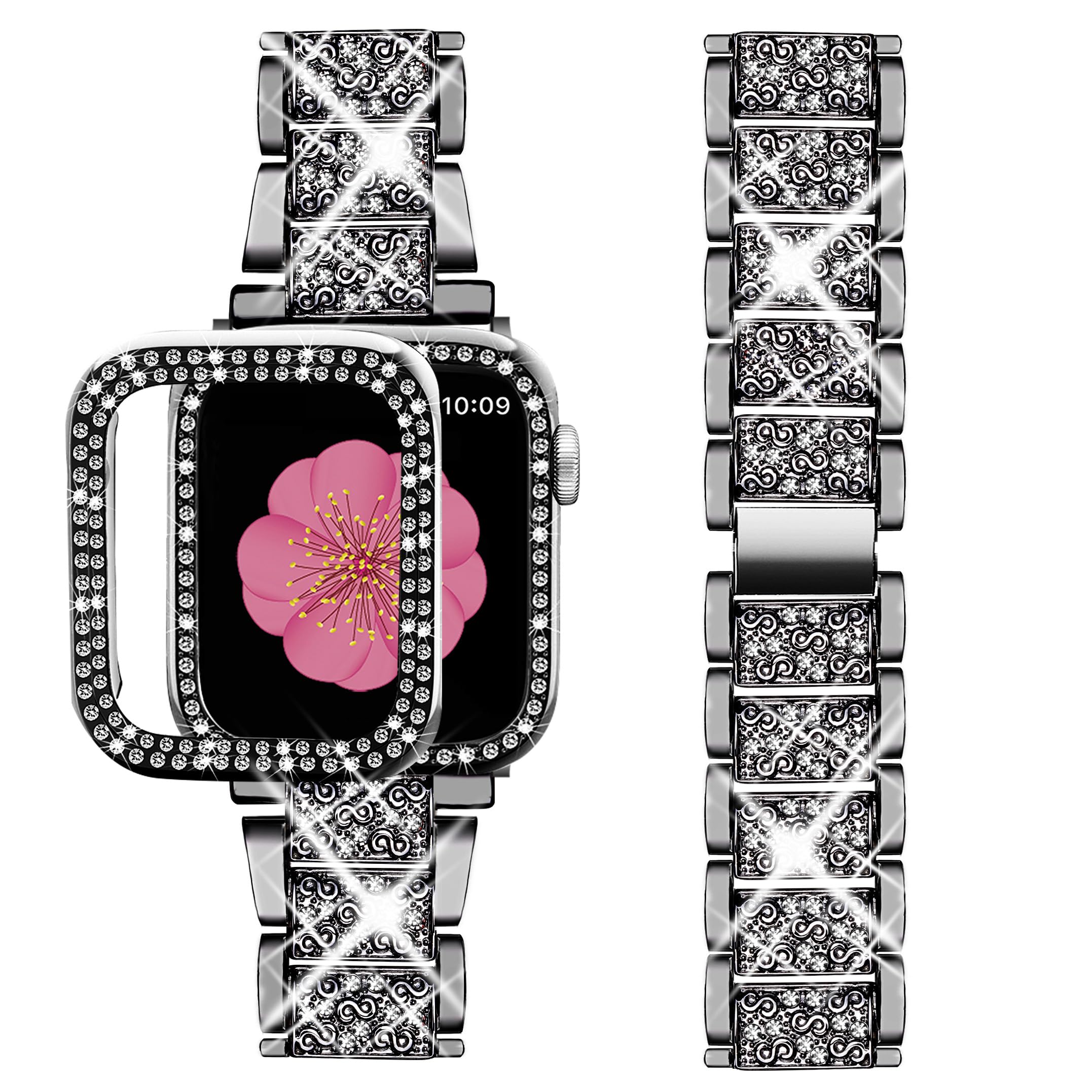 SUPOIX Luxury Bling Diamond Metal Band & 2-Pack Protective Case for Apple Watch Series 9/8/7 41mm - Elegant Jewelry Watch Accessory for Women, Perfect for Daily Wear, Work & Special Occasions (Black)