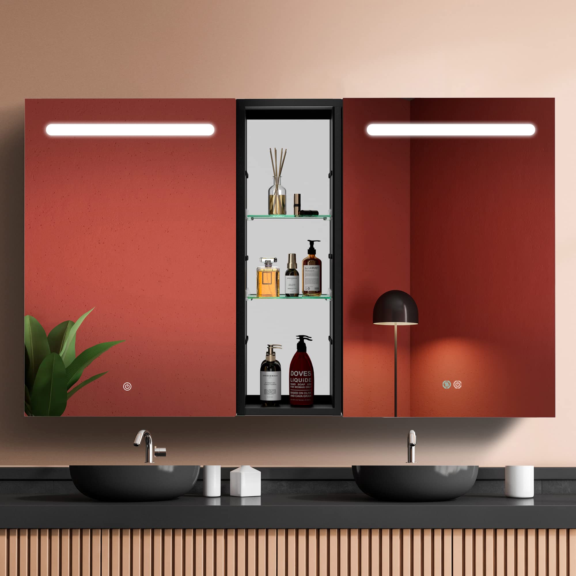 GETPRO 50x30 Inch LED Bathroom Medicine Cabinet with Defogger - 3 Color Light Dimmer & 3X Magnifying Mirror - Surface Mount Bathroom Storage for Makeup, Shaving, and Organizing Essentials - Perfect for Modern Homes and Spa-Like Bathrooms