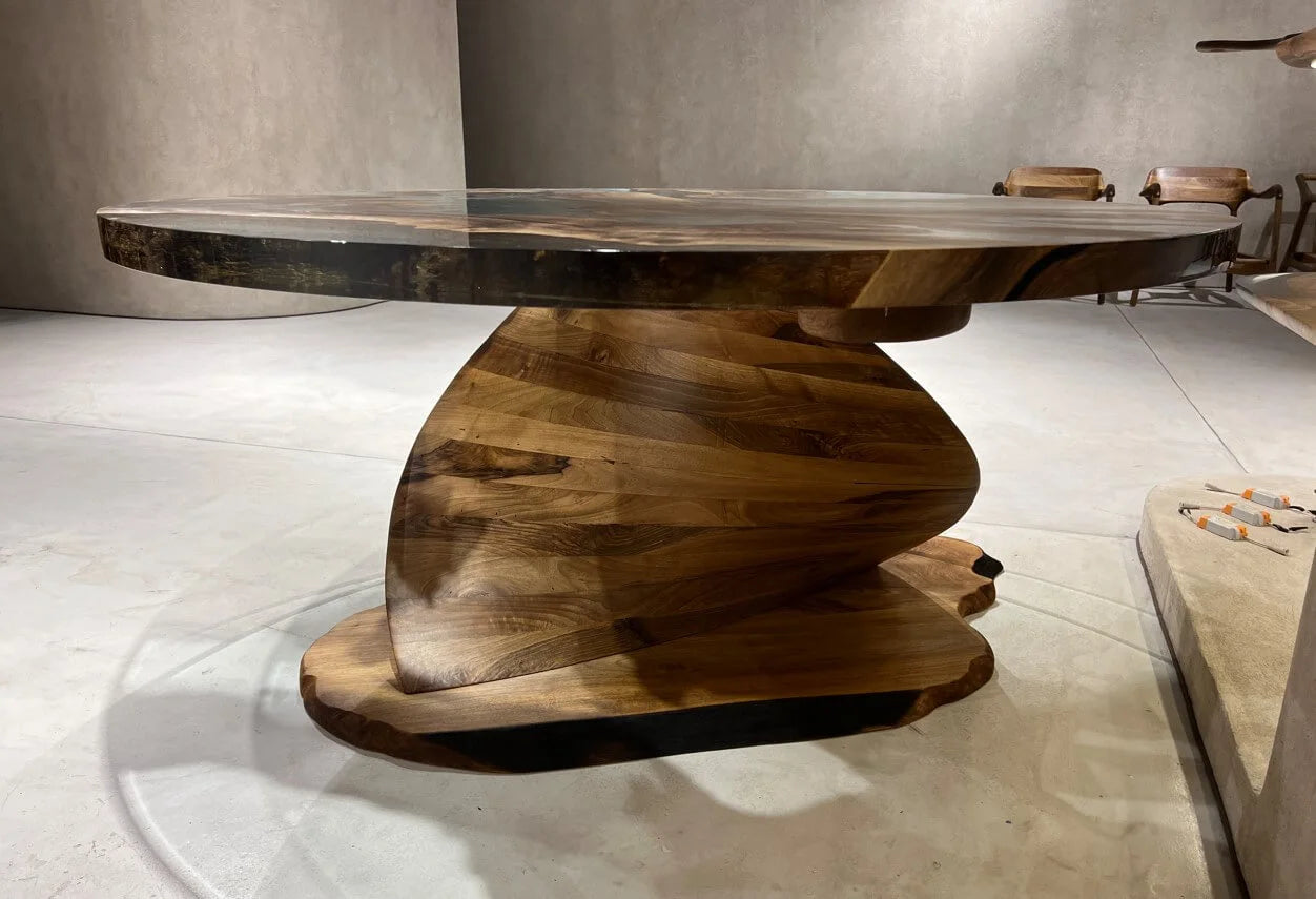 Handmade Round Epoxy Resin Table with Natural Walnut Wood Vortex Base - Modern Coffee Table for Living Room, Office & Dining Room Decor