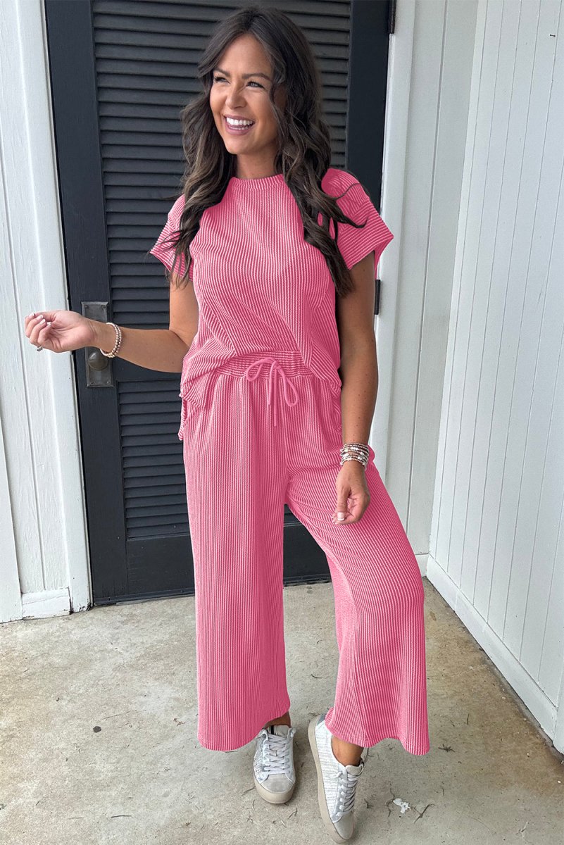 Bright Pink Solid Corded Knit Short Sleeve T-Shirt Set for Women - Casual Summer Outfit for Beach, Shopping & Daily Wear