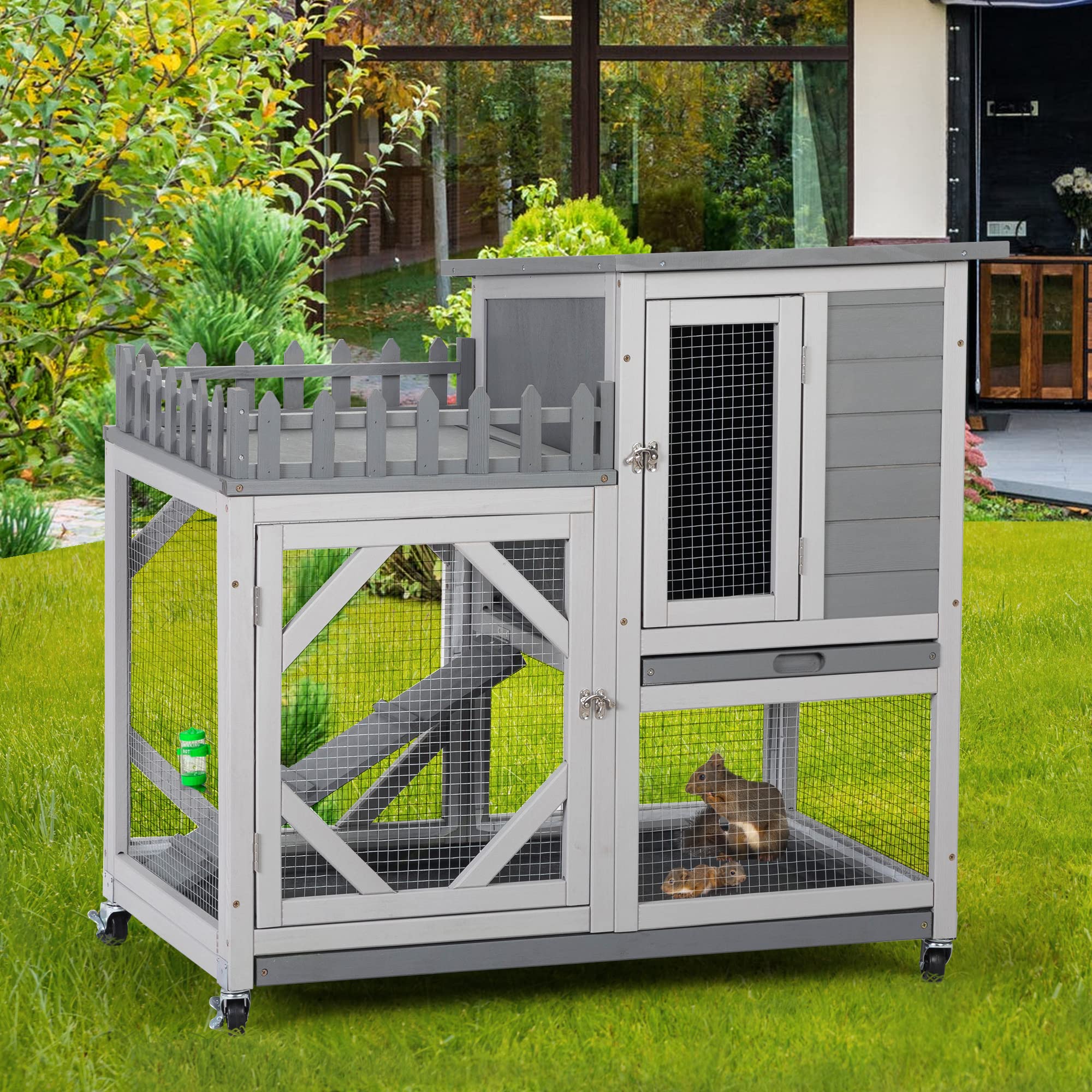 Large Wooden Rabbit Hutch with Casters - Indoor/Outdoor Bunny Cage with Fence, Trays & Water Bottle - Easy Clean Gray Pet House for Rest & Play - Perfect for Backyard, Garden or Patio Use