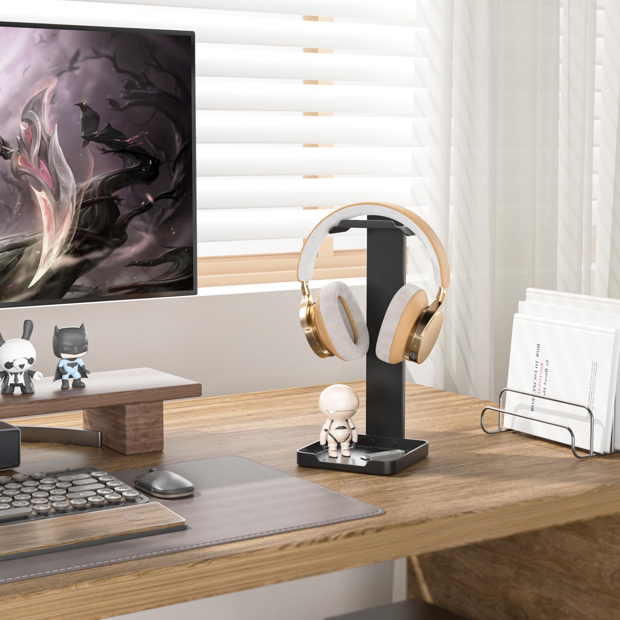 Premium Metal Headphone Stand with Non-Slip Base & Storage Tray - Sturdy Headset Holder for Gaming, Office & Home Use - Universal Fit for All Headphones (Black)