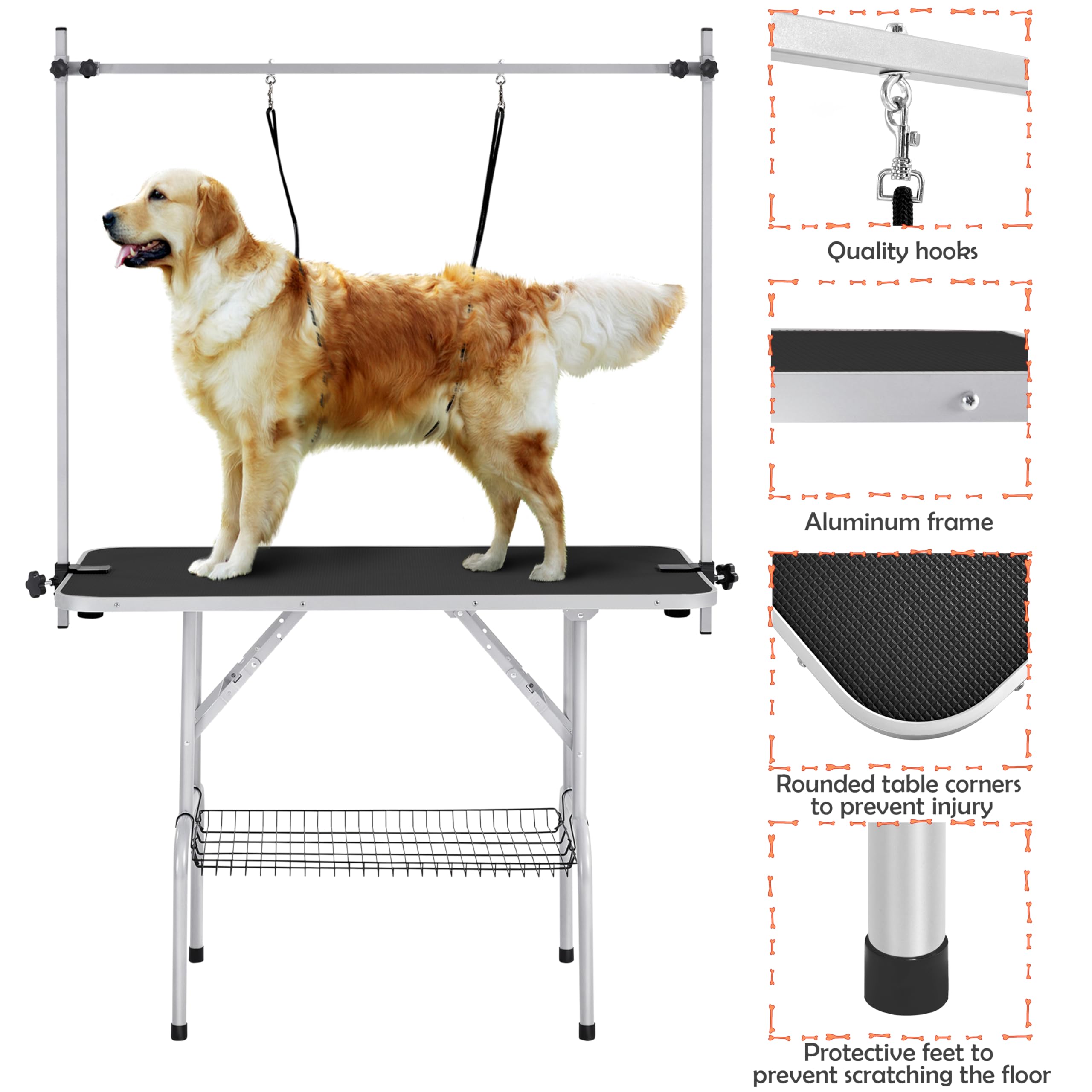 Yaheetech 46 Inch Adjustable Height Pet Grooming Table for Large Dogs - Portable Dog Trimming & Drying Table with Arm, Noose & Mesh Tray - Supports Up to 265 lbs - Perfect for Professional Groomers & Home Use - Black