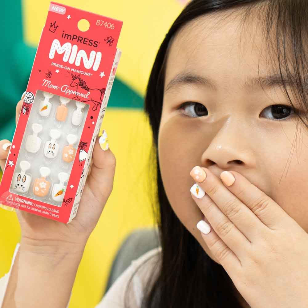 KISS imPRESS Mini Press-On Nails for Kids - Bunny & Carrot Design Fake Nails with Nail File | 20 Count Easy Nail Art Kit for Beginners | Perfect for Birthday Parties, Playdates & DIY Manicures