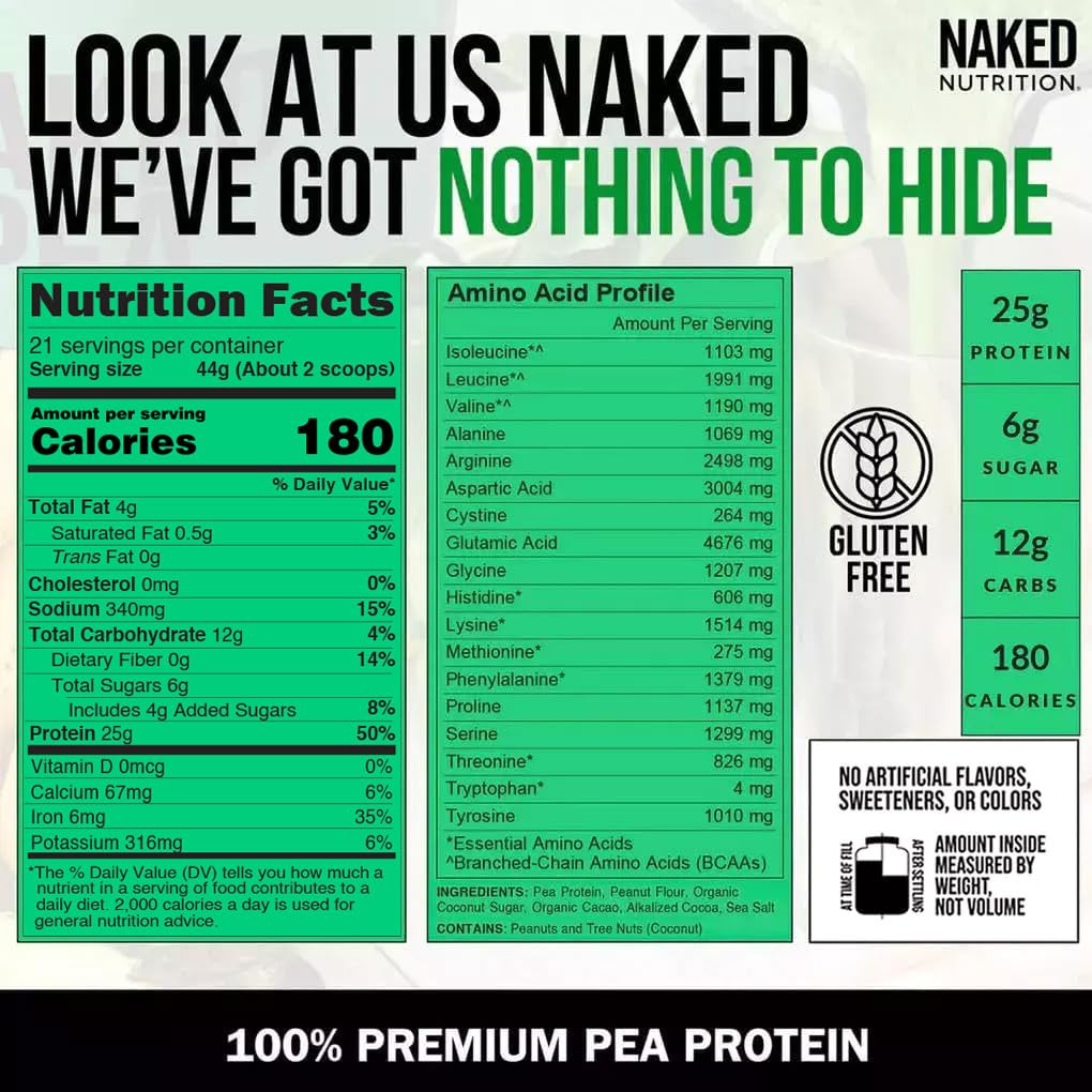 Naked Pea Chocolate Peanut Butter Protein Powder - USDA Organic, Non-GMO, Gluten Free, Soy Free - Plant-Based Protein for Muscle Growth & Recovery - Made with Organic Cocoa & Coconut Sugar - 21 Servings - Perfect for Post-Workout Shakes & Healthy Smoothies
