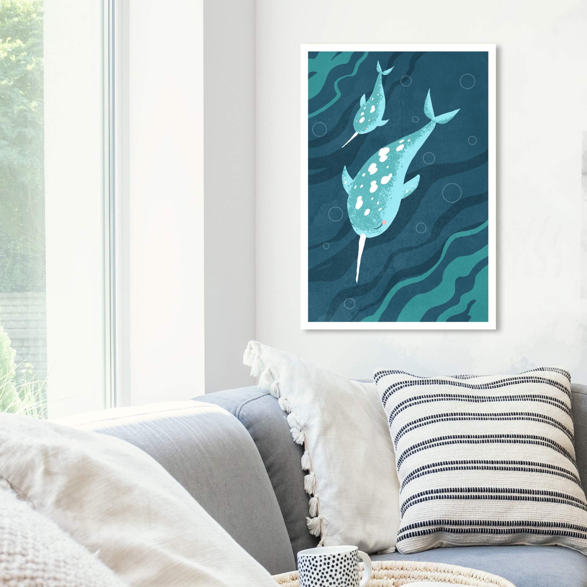 Wynwood Studio Narwhals Wall Art Canvas Print - 20x30 Inches Blue & White Ocean Animal Decor for Living Room, Bedroom, or Office