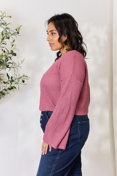 Culture Code Women's Full Size Waffle Knit Round Neck Long Sleeve Blouse - Soft Casual Shirt for Work, Date Night & Fall Layering