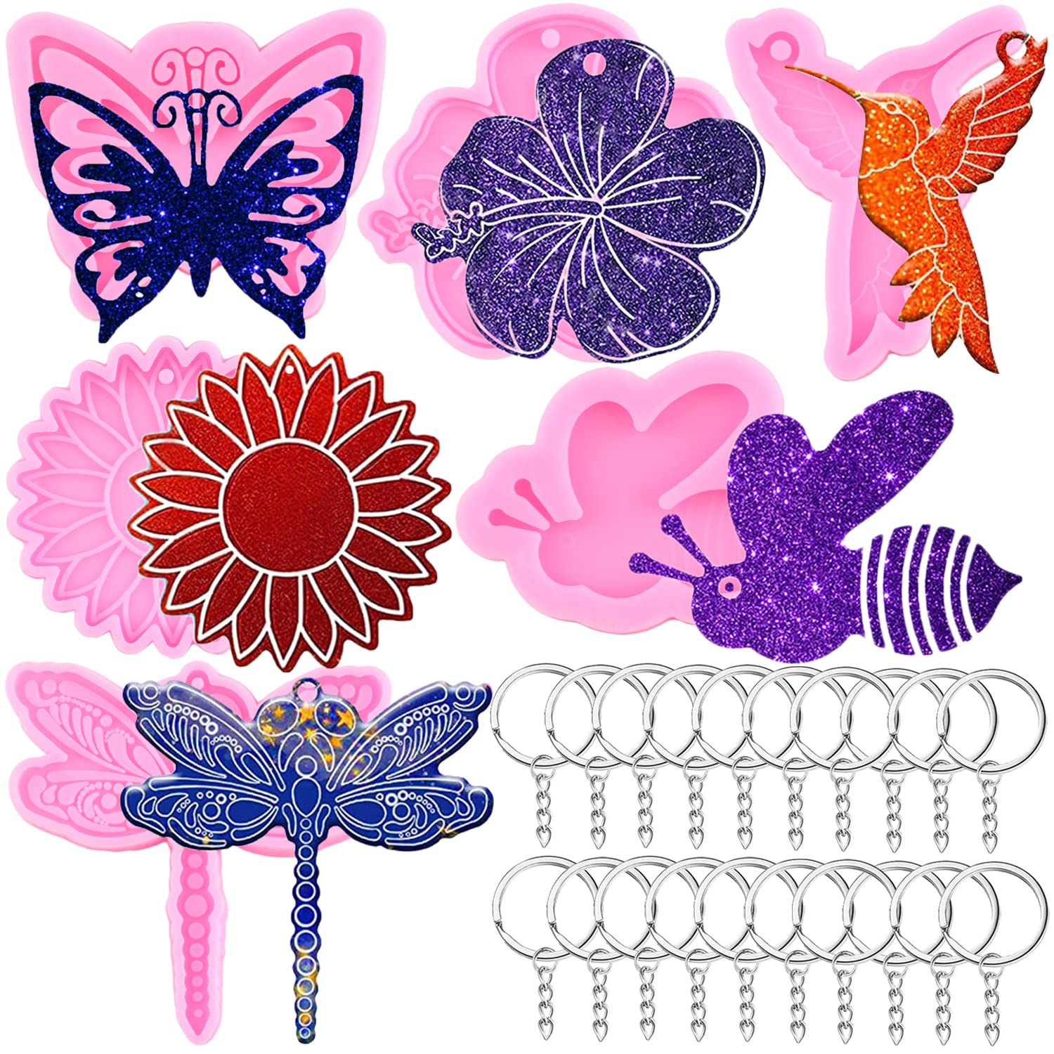 MIYAHOUSE DIY Silicone Molds for Epoxy Resin - Set of 26 Hummingbird, Dragonfly, Bird & Bee Keychain Molds with 20 Key Rings - Perfect for Jewelry Making, Craft Projects & Unique Gifts