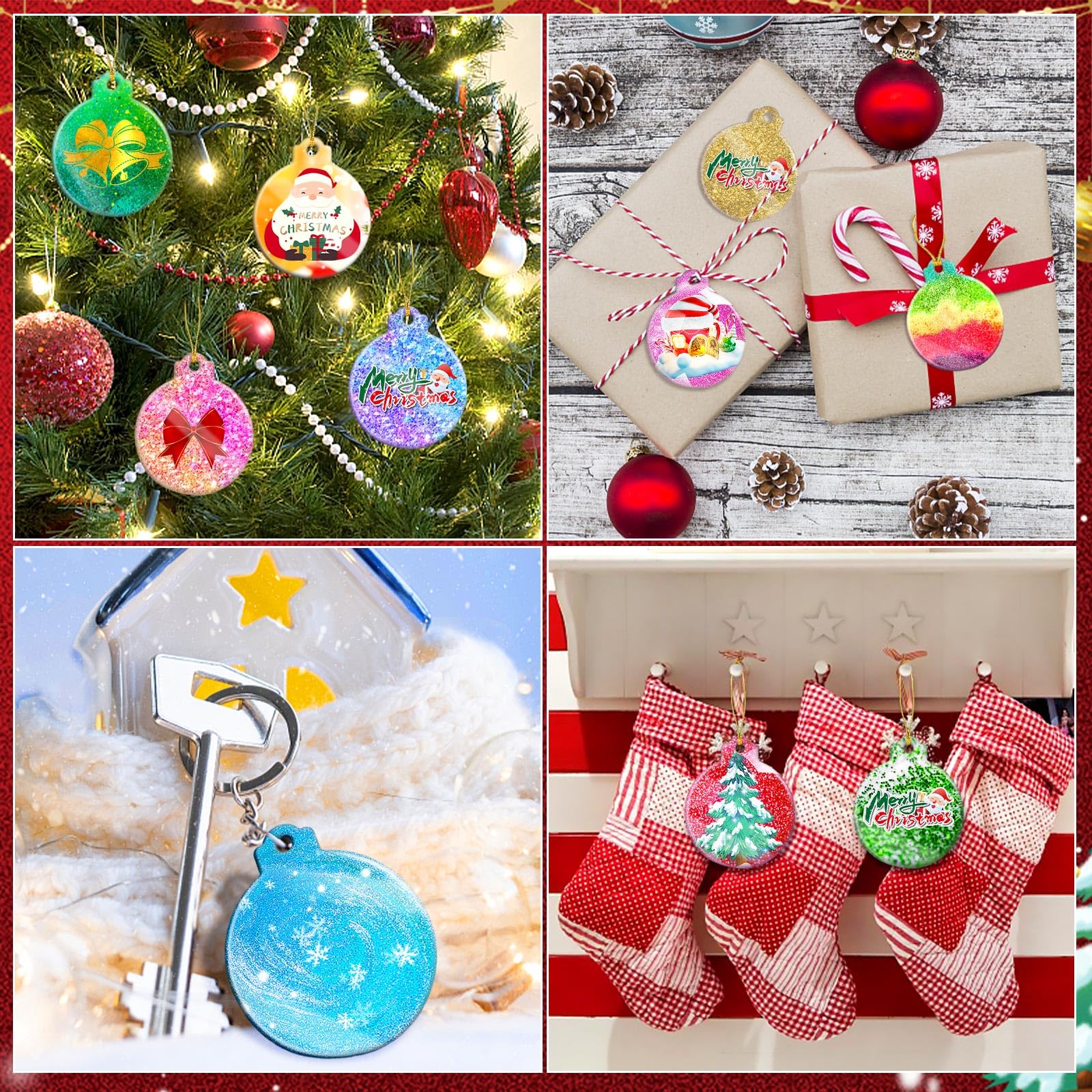 FEBSNOW 4PCS Round Silicone Christmas Ornament Molds for DIY Resin Crafts - Epoxy Pendant Casting Molds with Strings for Holiday Decorations, Xmas Tree Ornaments & Home Decor Gifts