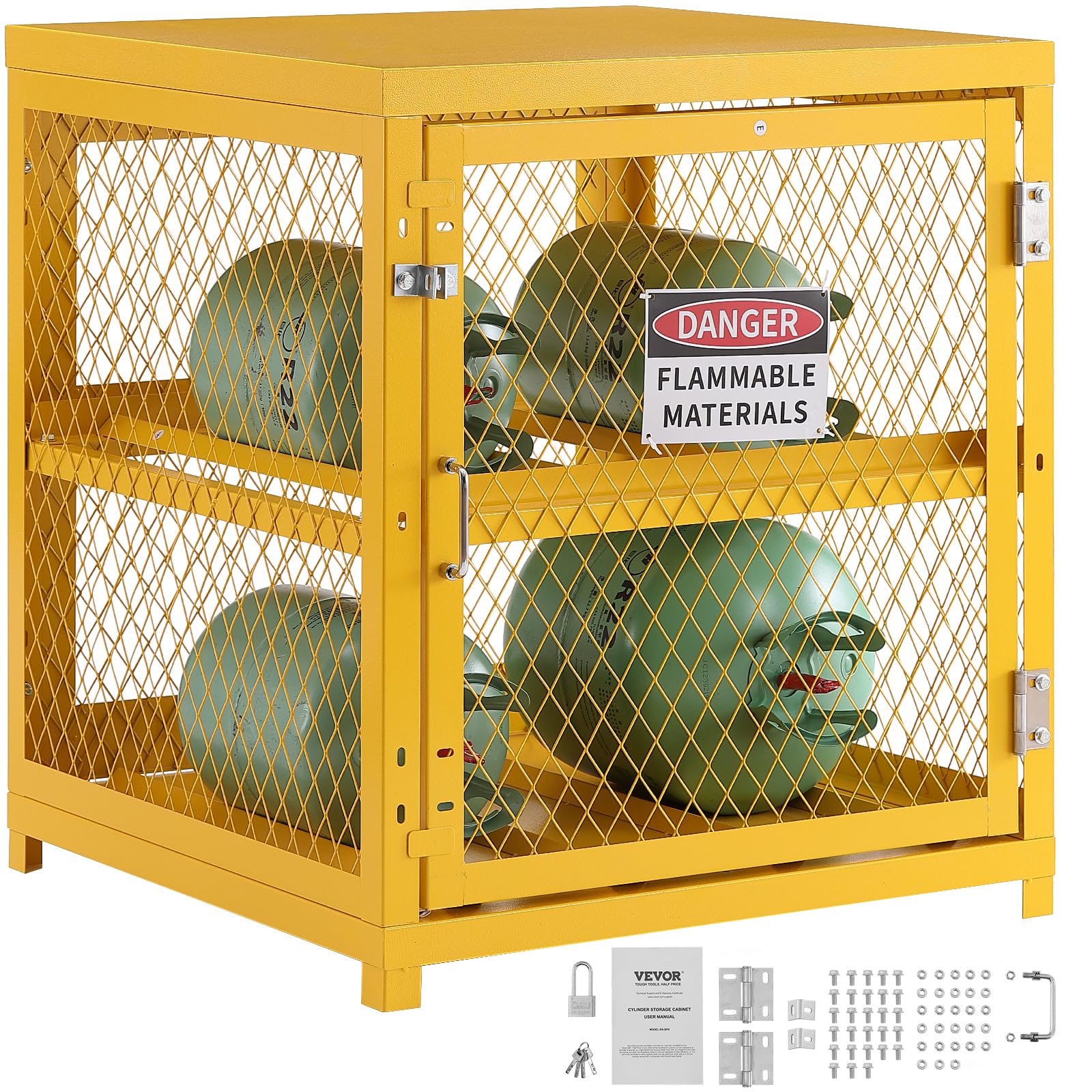 VEVOR 4-Cylinder Horizontal Gas Storage Cabinet - 31x30x35 Inch Propane Tank Cage with Yellow Powder Coating | Outdoor & Garage Safety Storage for BBQ, Welding & Camping Gas Cylinders