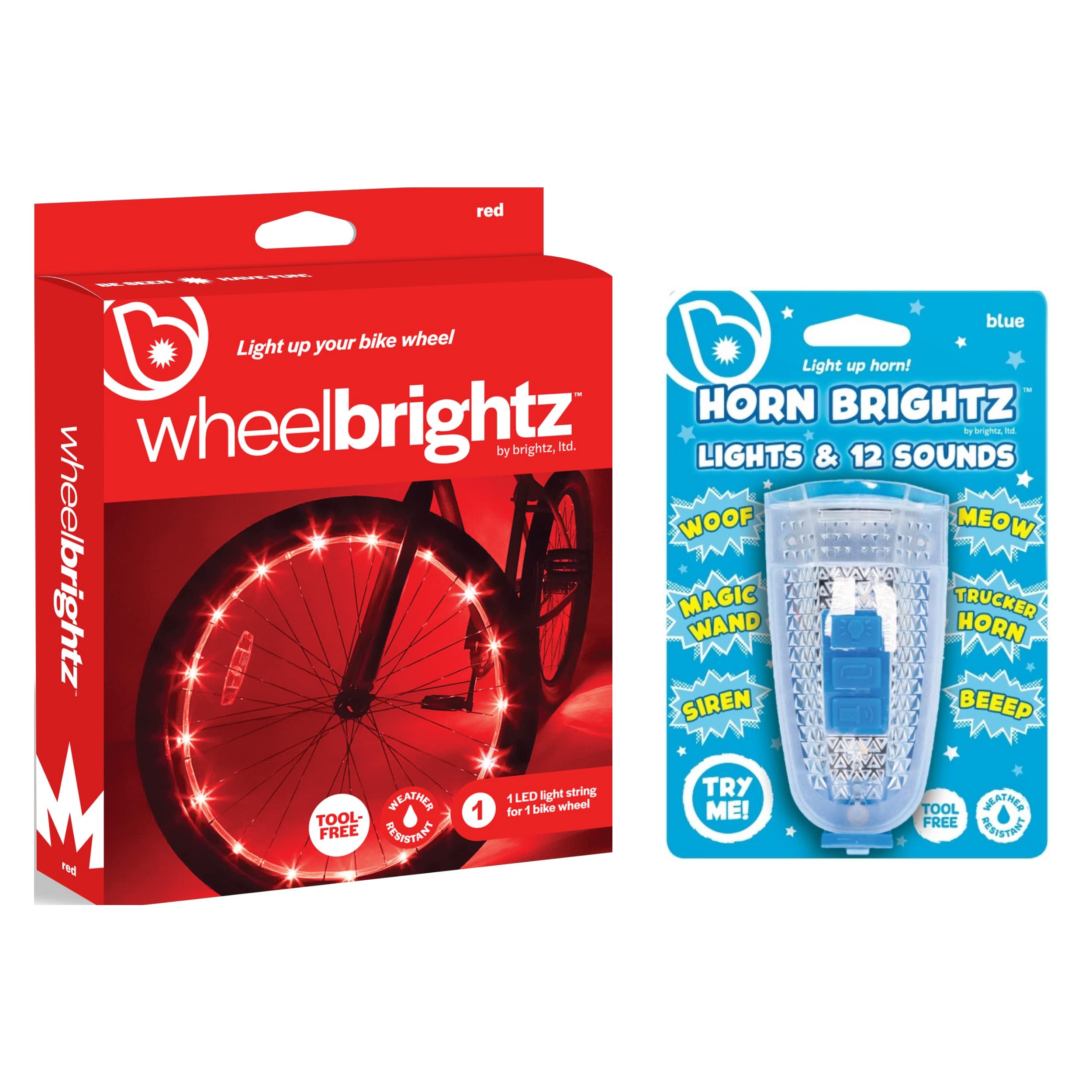 Brightz LED Bike Wheel Lights & Kids Bicycle Horn Combo - 12 Fun Sound Effects, Waterproof Spoke Lights for Night Cycling Safety (Great for Kids Bikes, Birthday Gifts & Outdoor Family Activities)