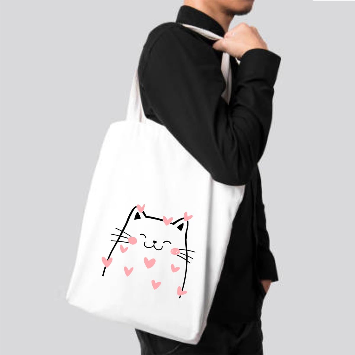 Clapcart Women's Printed Poly-Cotton Zipper Tote Bag - Cute Cat with Heart Design Handbag for Girls | Durable Multipurpose Shoulder Bag for Work, Travel & Shopping