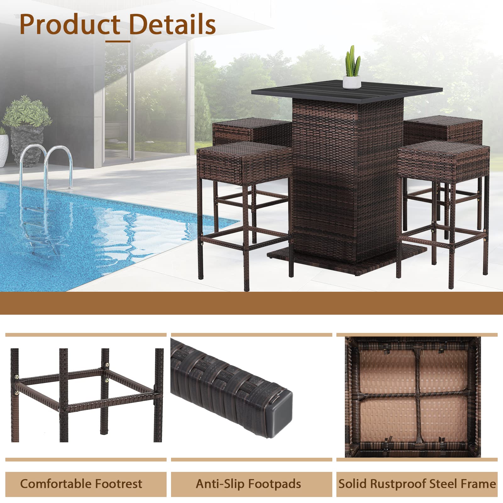 HAPPYGRILL 5-Piece Outdoor Rattan Bar Set with Heavy-Duty Steel Frame - Wicker Bar Table & 4 Bar Stools Includes 4 Seat Cushions - Patio, Deck, Backyard & Garden Bar Height Furniture for Outdoor Entertaining
