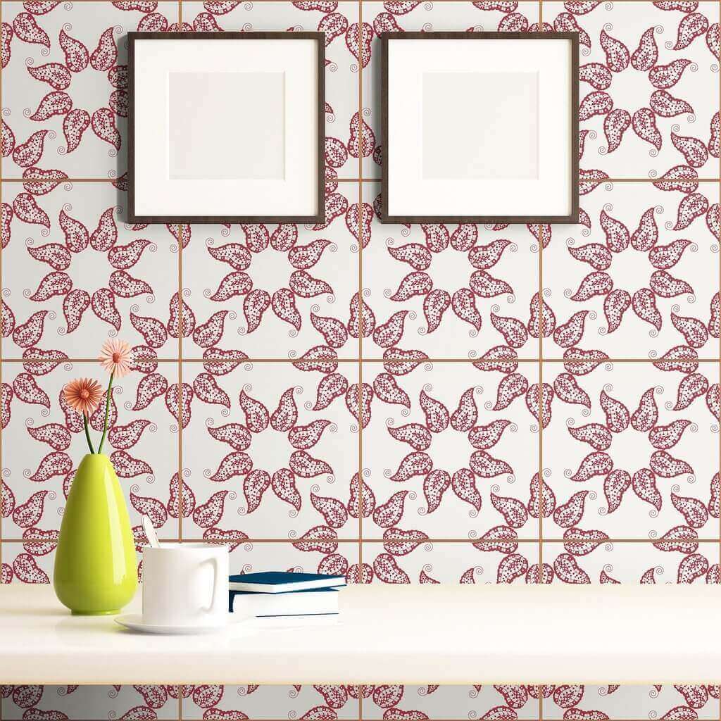 Merlot Bohemian Tile Adhesive Peel and Stick Removable Wallpaper - Self-Adhesive Vinyl Wall Covering for Kitchen Backsplash, Bathroom, and Home Decor