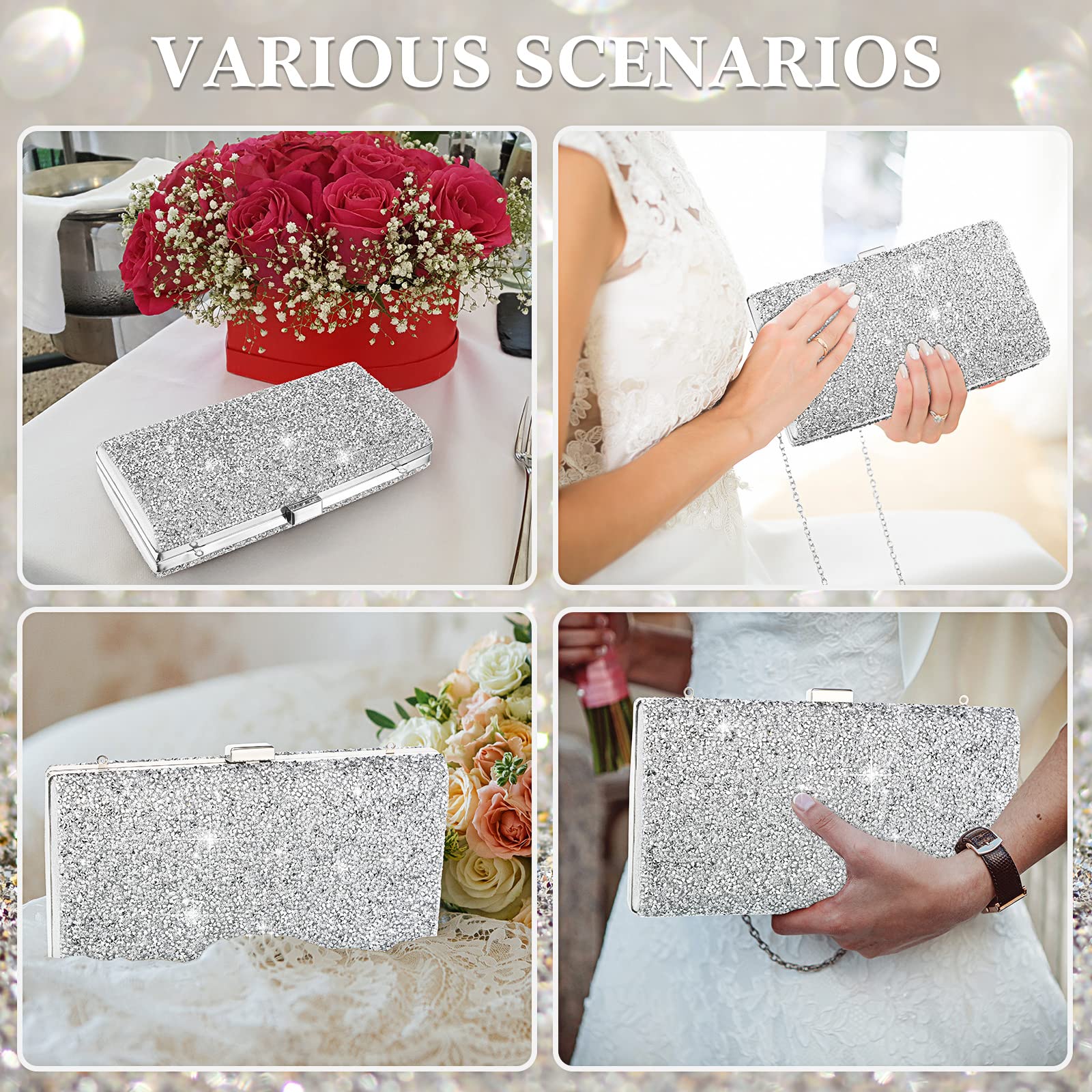 Sparkling Rhinestone Evening Clutch Purse for Women - Double Sided Glitter Handbag with Chain Strap, Crossbody & Shoulder Bag for Wedding, Party, Prom, Date Night & Special Occasions