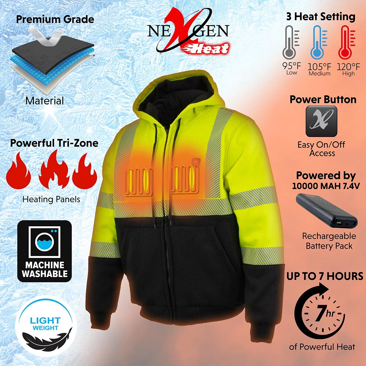 Nexgen Heat Men's High Visibility Green Heated Jacket with Front & Back Heating Elements - Includes Rechargeable Battery Pack for Outdoor Work & Winter Sports