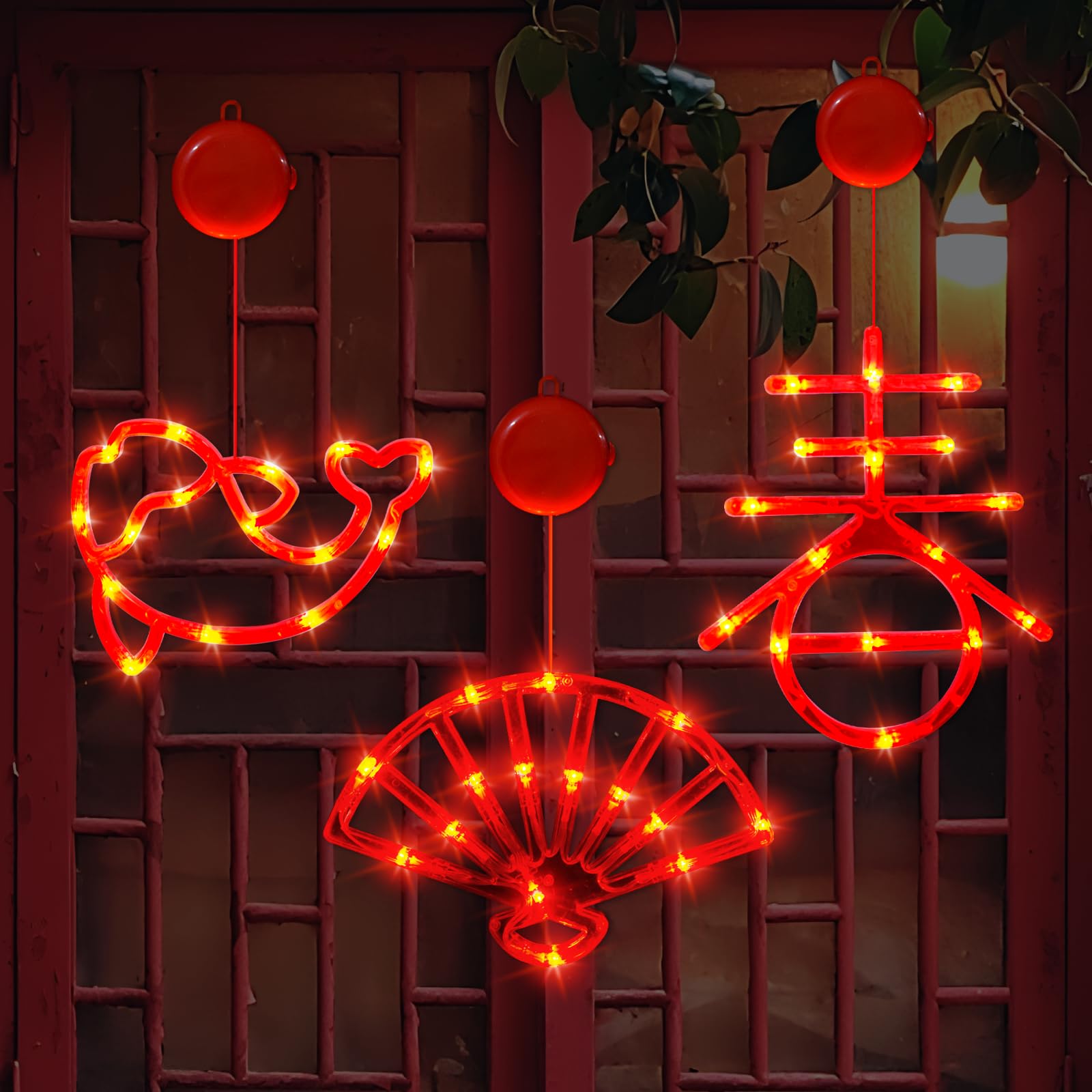 LOLStar 2025 Chinese New Year Decorations - 3 Pack Red Lunar New Year Window Lights with Chinese Fan, Spring (Chun) & Koi Fish Design | Battery Operated Hanging Lights with Suction Cups | Perfect for Spring Festival Home Decor, Party Supplies & Asian Holiday Celebrations