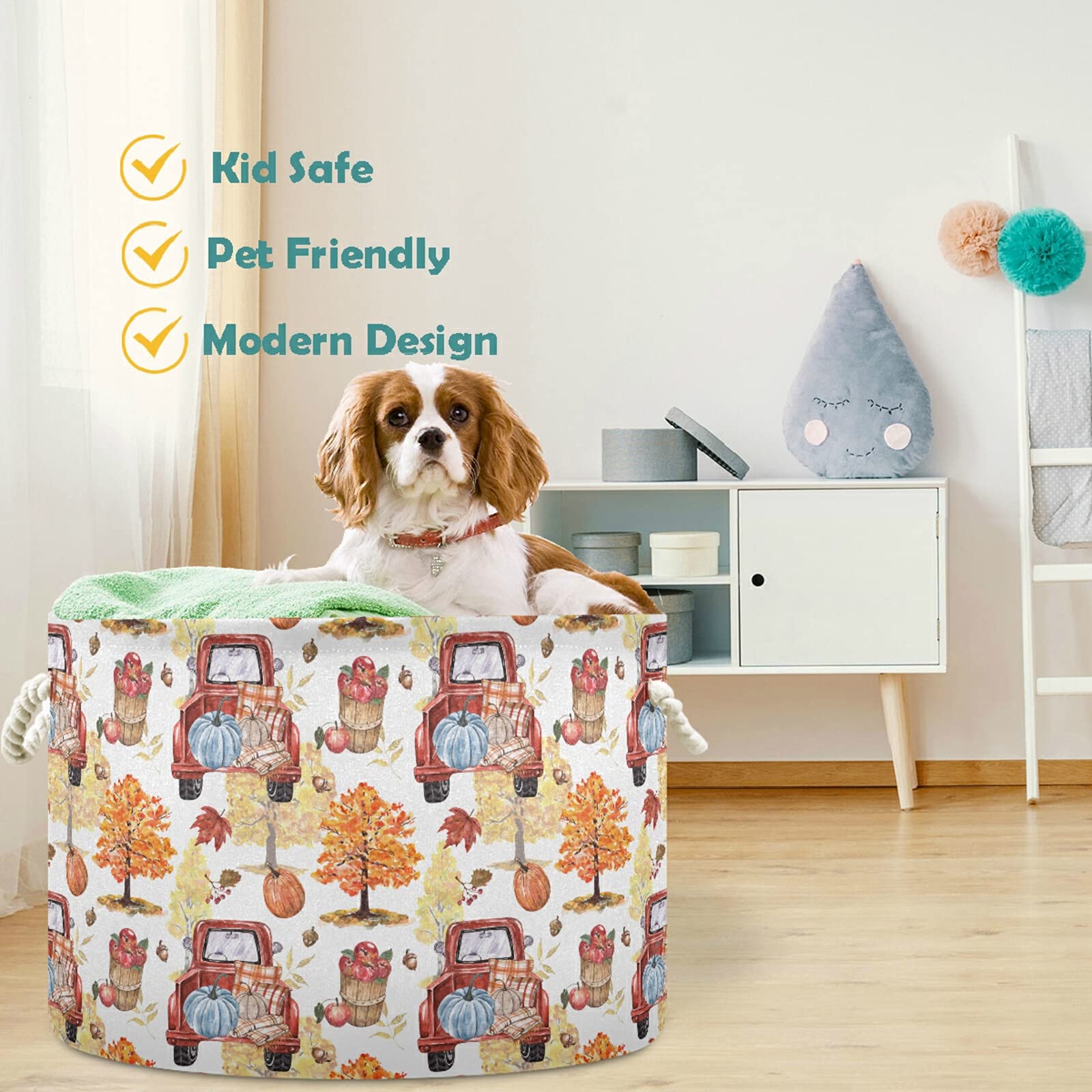 Visesunny Collapsible Fabric Storage Basket - Red Pickup Truck Design for Laundry, Toys & Clothes | Foldable Storage Bin for Bathroom, Living Room, Bedroom & Office | Perfect for Seasonal Decor & Home Organization