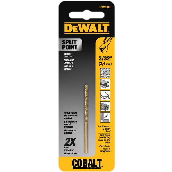 DEWALT 3/32 Inch Split Point Industrial Cobalt Drill Bit - DWA1206 - High Speed Metal Drilling for Steel, Stainless Steel & Cast Iron - Perfect for Construction, Metalworking & DIY Projects