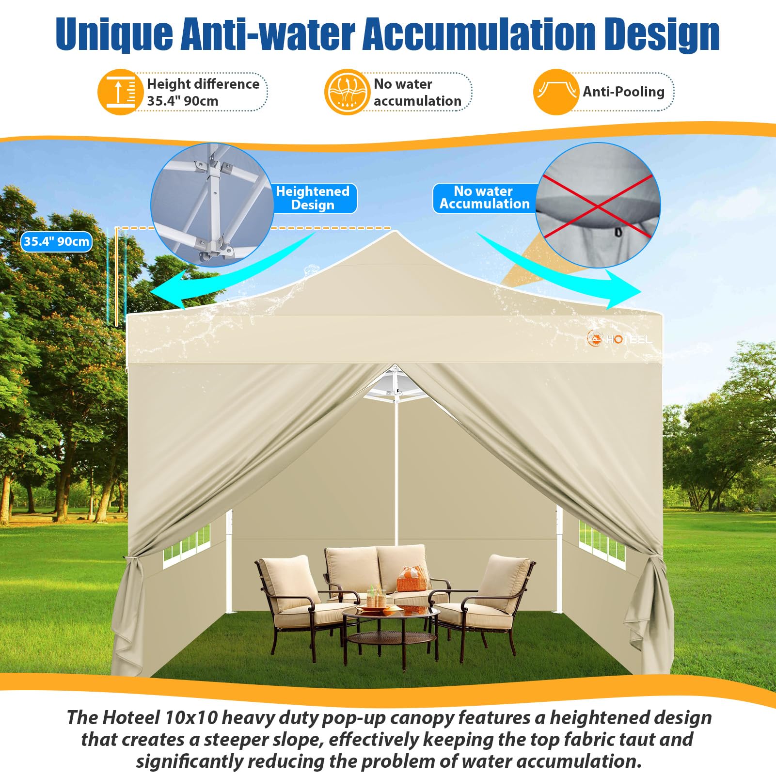 HOTEEL 10x10 Pop Up Canopy Tent - Heavy Duty Instant Gazebo with 4 Sidewalls & Sand Bags | Easy Setup Hexagonal Frame Commercial Tent for Outdoor Weddings, Parties, Events | Includes Portable Carry Bag (Khaki) - Perfect for Backyard Gatherings, Farmers Markets & Beach Outings